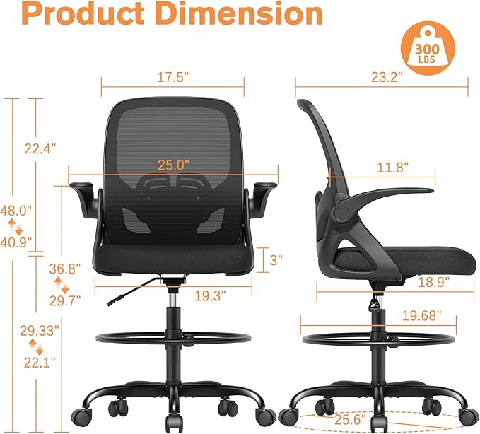 Tall Drafting Chair with Lumbar Support and Footrest Ring, Supportive Tall Extended Height Ergonomic Desk Chair for Home Work, Breathable Mesh Office Chair with Flip up Arms(Black)
