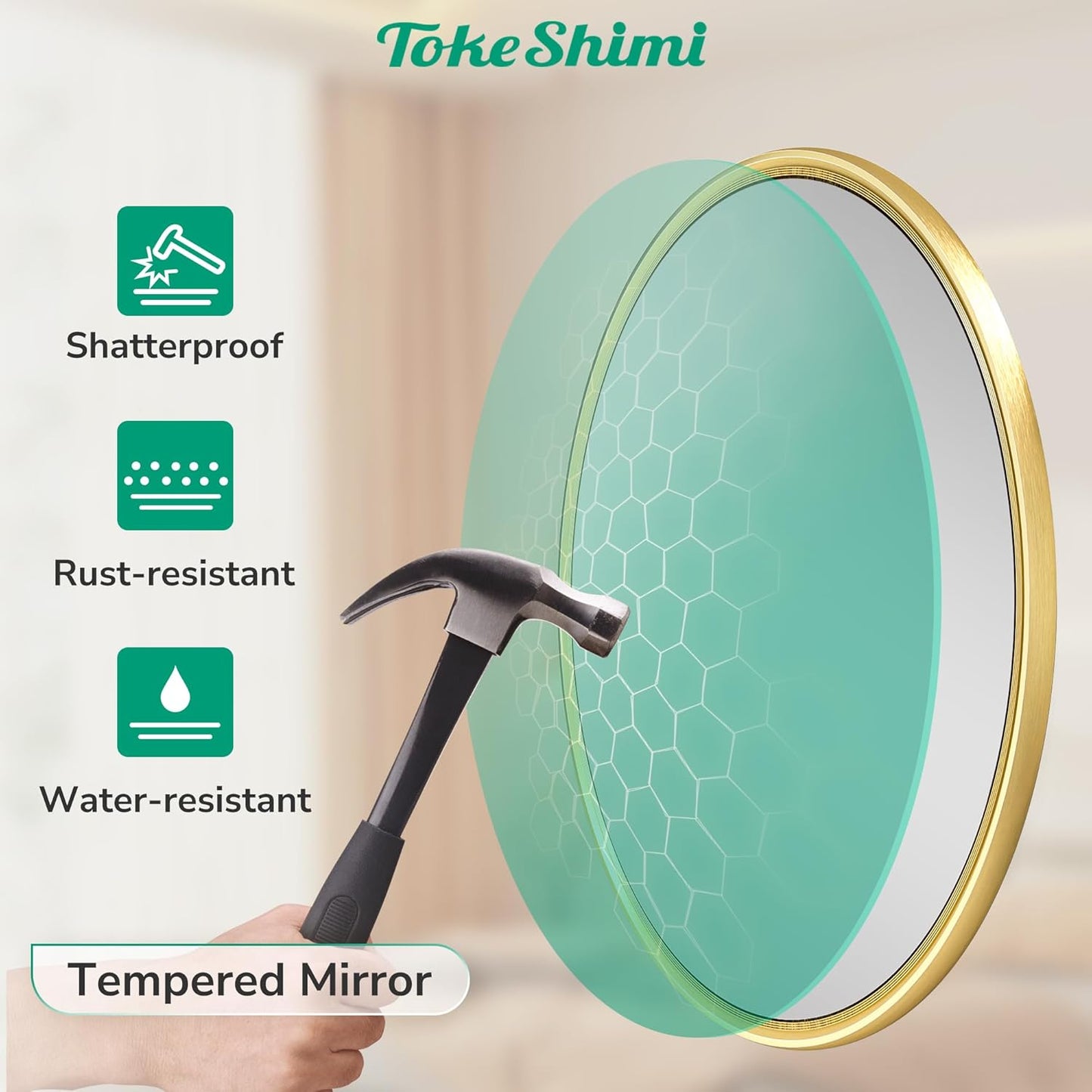 TokeShimi 18 in Brushed Gold Wall Mirror Framed Round Bathroom Mirror for Over Sink Shatterproof, 18 x 18 Farmhouse Mirror Circle Metal Wall Mirrored for Living Room, Entryway, Bedroom, Vanity