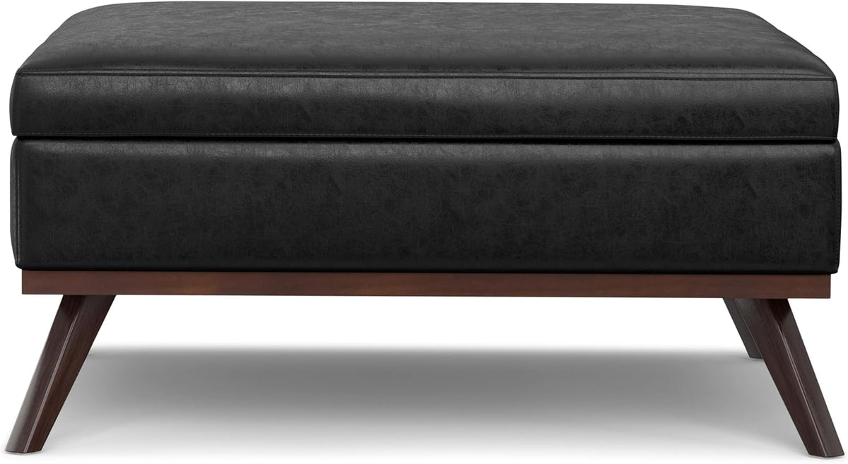 SIMPLIHOME Owen 40 inch Wide Mid Century Modern Square XL Coffee Table Storage Ottoman in Distressed Black Vegan Faux Leather, Assembled, for The Living Room, Entryway and Family Room