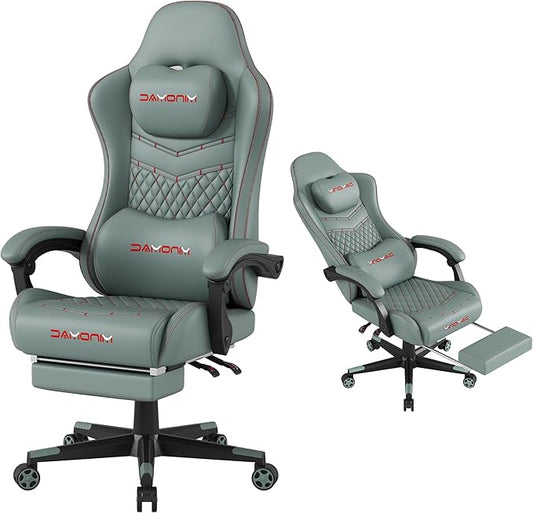 Gaming Chair,Ergonomic Computer Gaming Chair,400lb Load-Bearing,Retractable Footrest/Waist Support/Ergonomic Backrest[Spring + 4D Sponge] (Green)