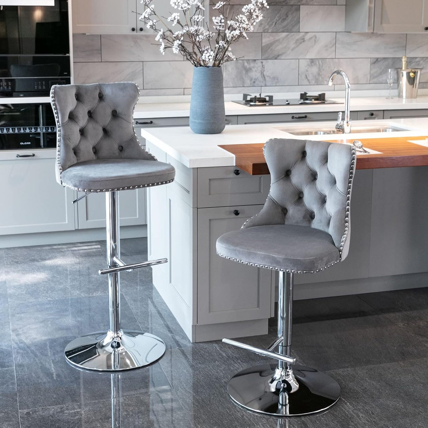 PacknWood Acosure Swivel Velvet Barstools Adjusatble Seat Height from 25-33" with Comfortable Tufted,Modern Upholstered Chrome Base Bar Chairs,for Home Pub Kitchen,Gray,Set of 2