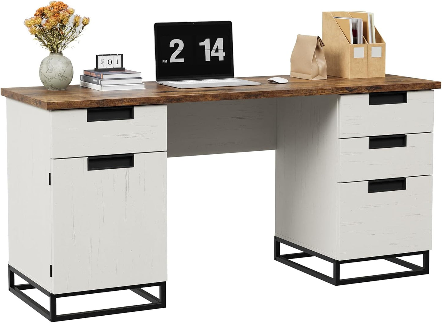 Garvee 59" Farmhouse Executive Desk, Home Office Desk with File Drawer and Storage Cabinet, Wooden Computer Table with 3 Drawers for Work and Study (Vintage)