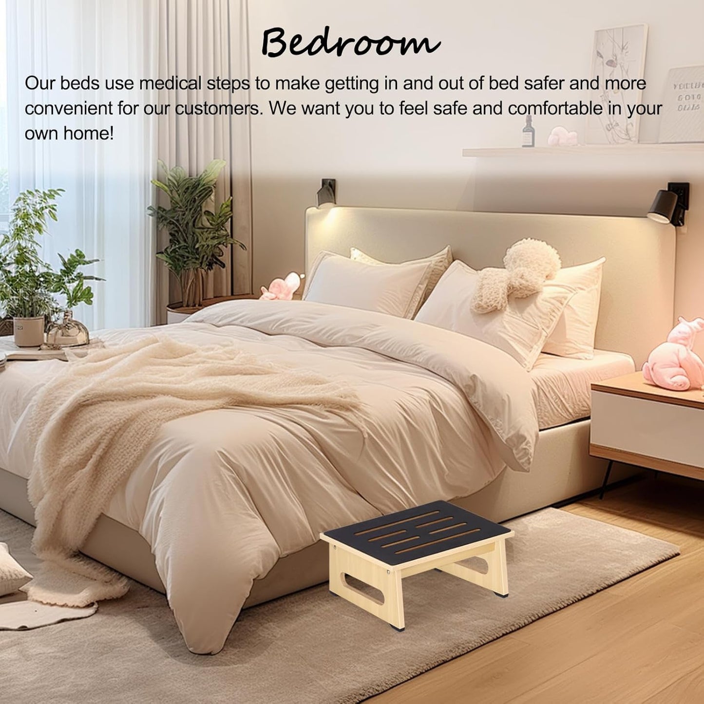 One Step Stool with Non-Slip Rubber Stepping Feet, Heavy Duty Wooden Step Stools, 450 LB Portable Bed Steps for High Beds for Bathroom, Bedroom, Kitchen & Bedside Support