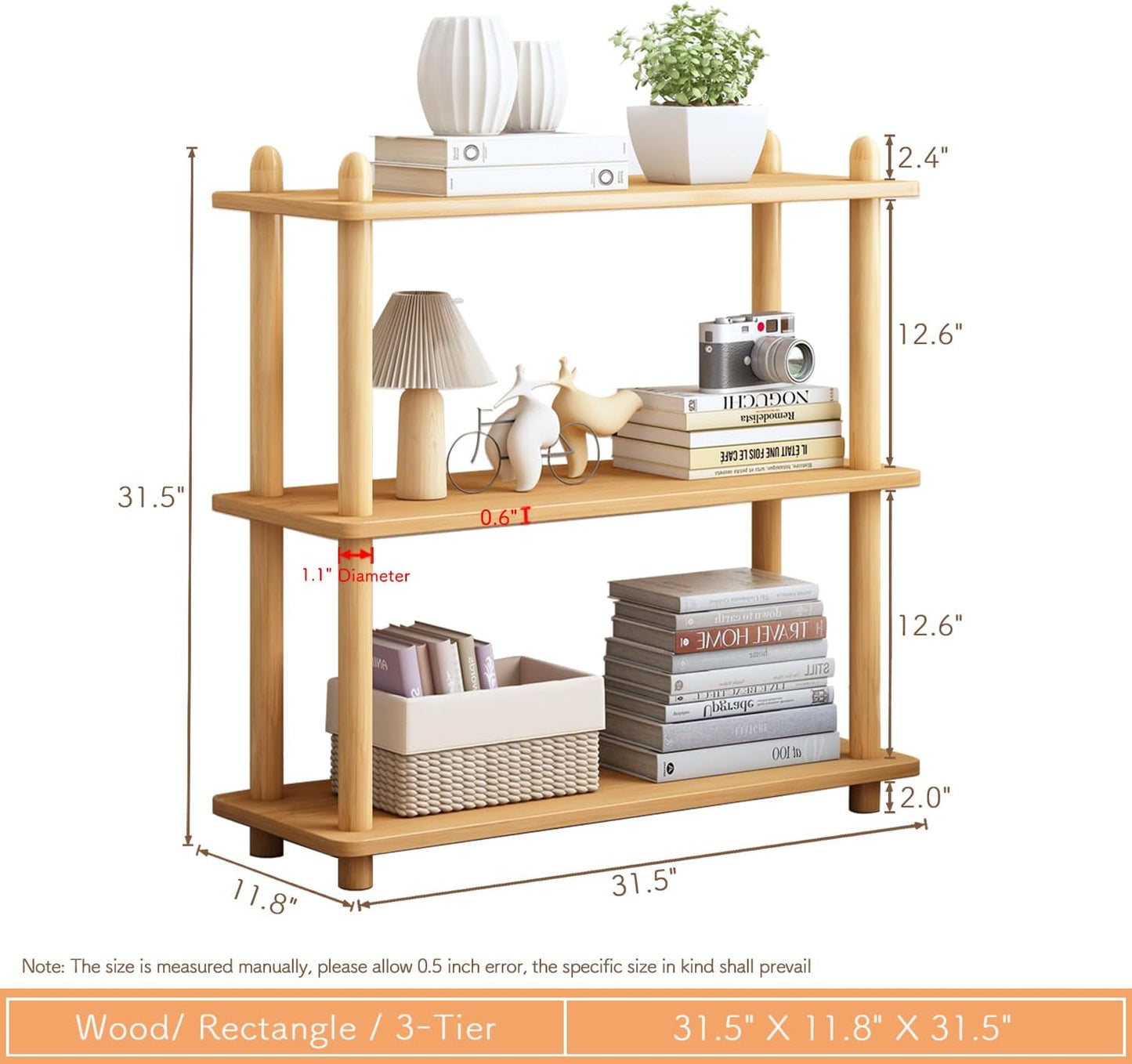 IOTXY 3-Tier Wooden Shelf Bookcase - Modern Open Bookshelf, Free Standing Storage Rack, Multifunctional Display Stand for Home and Office, Oak, Rectangle