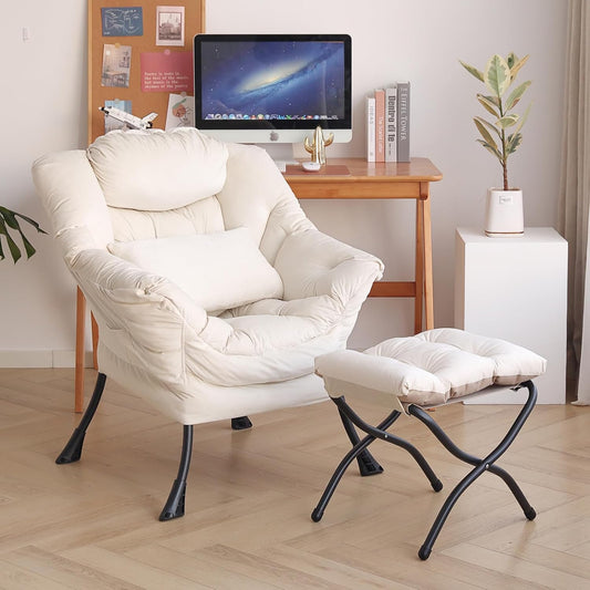Lazy Chair with Ottoman, Modern Accent Chair with Lumbar Pillow, Comfy Chairs with Folding Footrest for Bedroom, Reading, Oversized Supportive Lounge Chairs(Velvet Beige)
