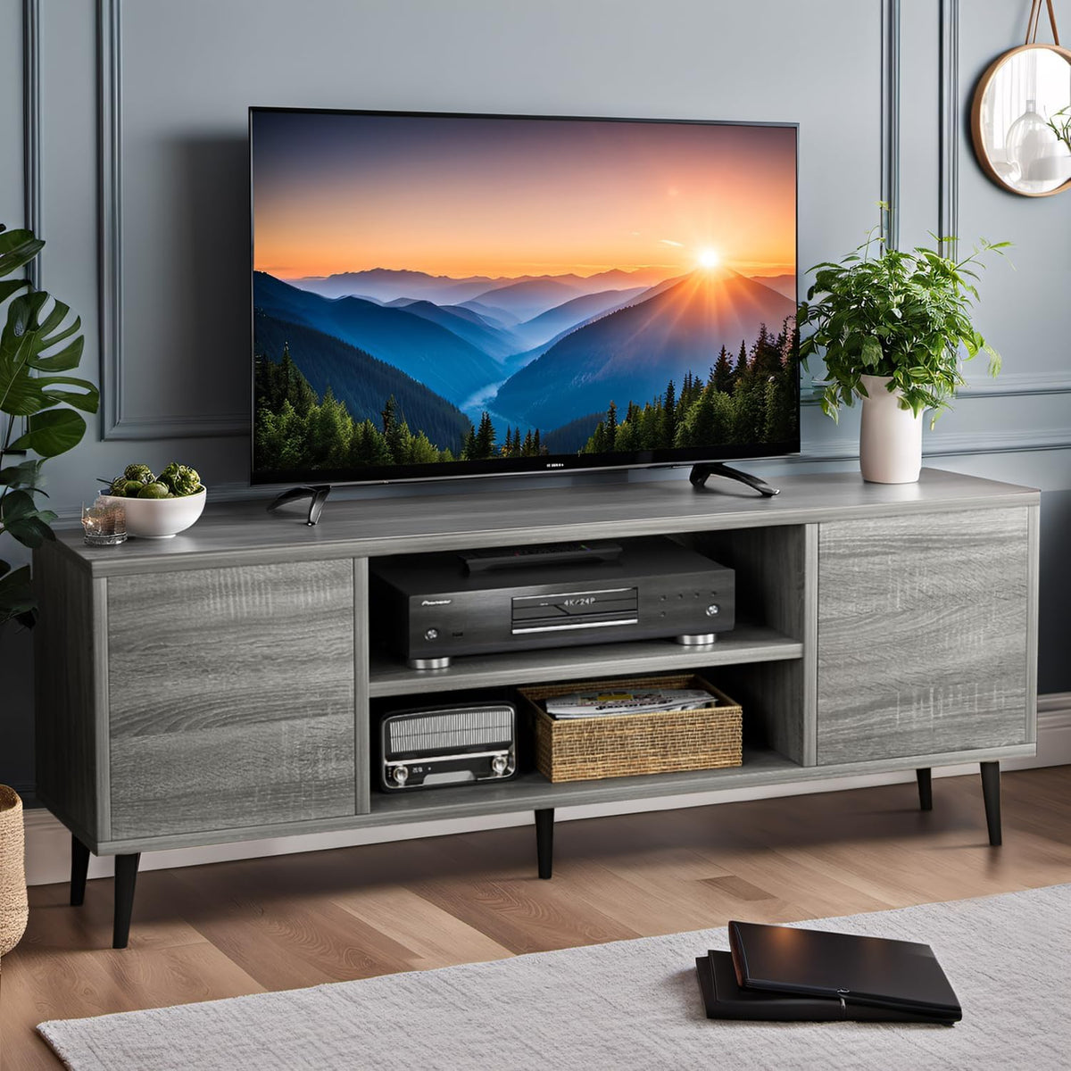 YESHOMY Modern TV Stand for 65" Television, Entertainment Center with Two Storage Cabinets, Retro Style Media Console for Living Room, Bedroom, Office, 58 Inch, Light Gray