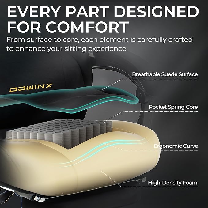 Dowinx Big and Tall Gaming Chair, Suede Fabric Game Chair with Pocket Spring Cushion, High Back Gamer Chair Ergonomic with Footrest for Adults Office, 440LBS, Black