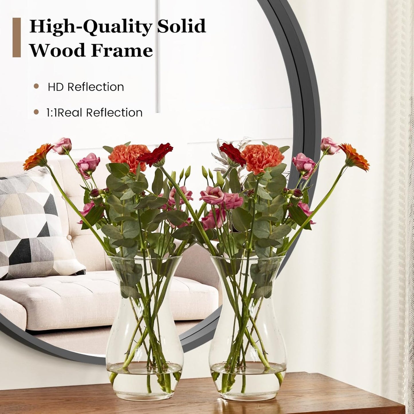 HOMECOOKIN Round Wood Mirror, 24" Round Bathroom Wall Mirror Circle Mirrors for Wall Decor, Vanity, Living Room, Bedroom, Entryway, Black