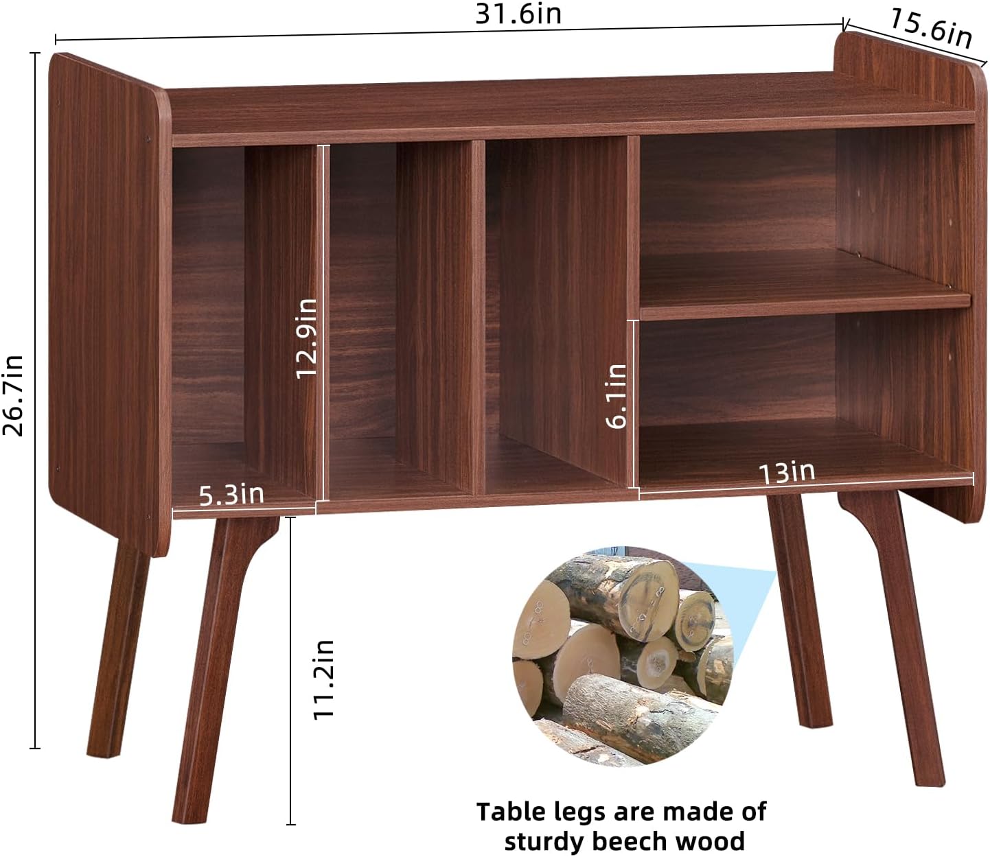 Lerliuo Record Player Stand with 4 Cabinet Holds Up to 220 Albums, Large Turntable Stand with Beech Wood Legs, Mid-Century Record Player Table,Walnut Vinyl Holder Storage Shelf for Bedroom Living Room