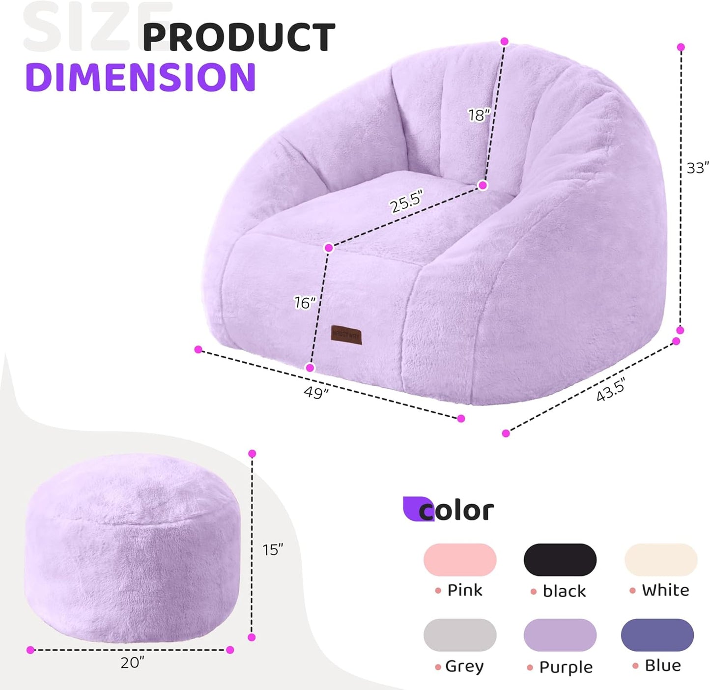 HABUTWAY Bean Bag Chair, Giant Bean Bag Chairs for Adults with Ottoman, Comfy Faux Fur Shell-Shaped Bean Bag Couch, Sofa Chair for Living Room, Bedroom, Purple