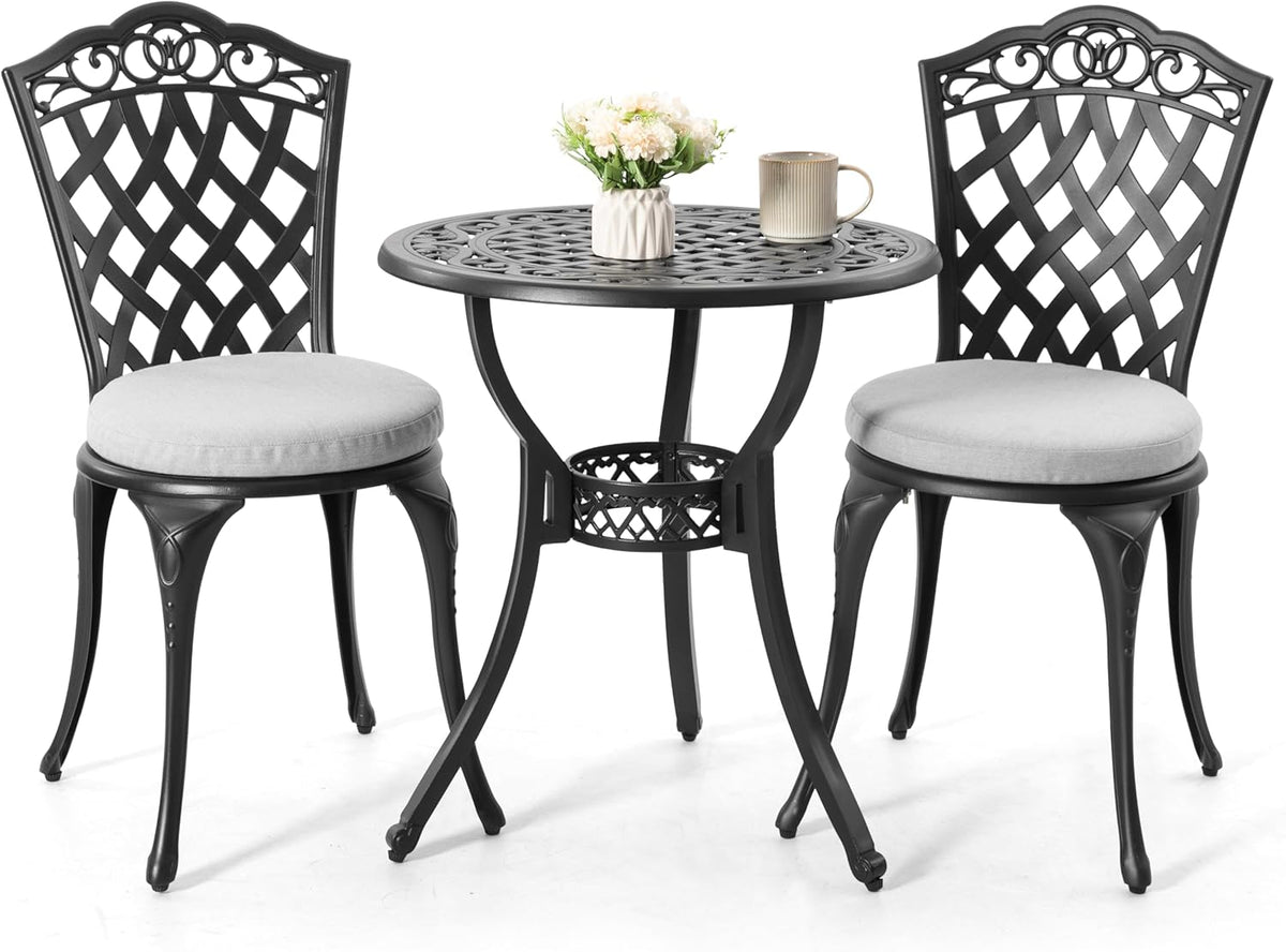 NUU GARDEN 3-Piece Patio Bistro Set Outdoor Cast Aluminum Bistro Table and Chairs Set of 2, Outdoor Patio Bistro Set with Umbrella Hole and Gray Cushions for Patio Balcony, Black