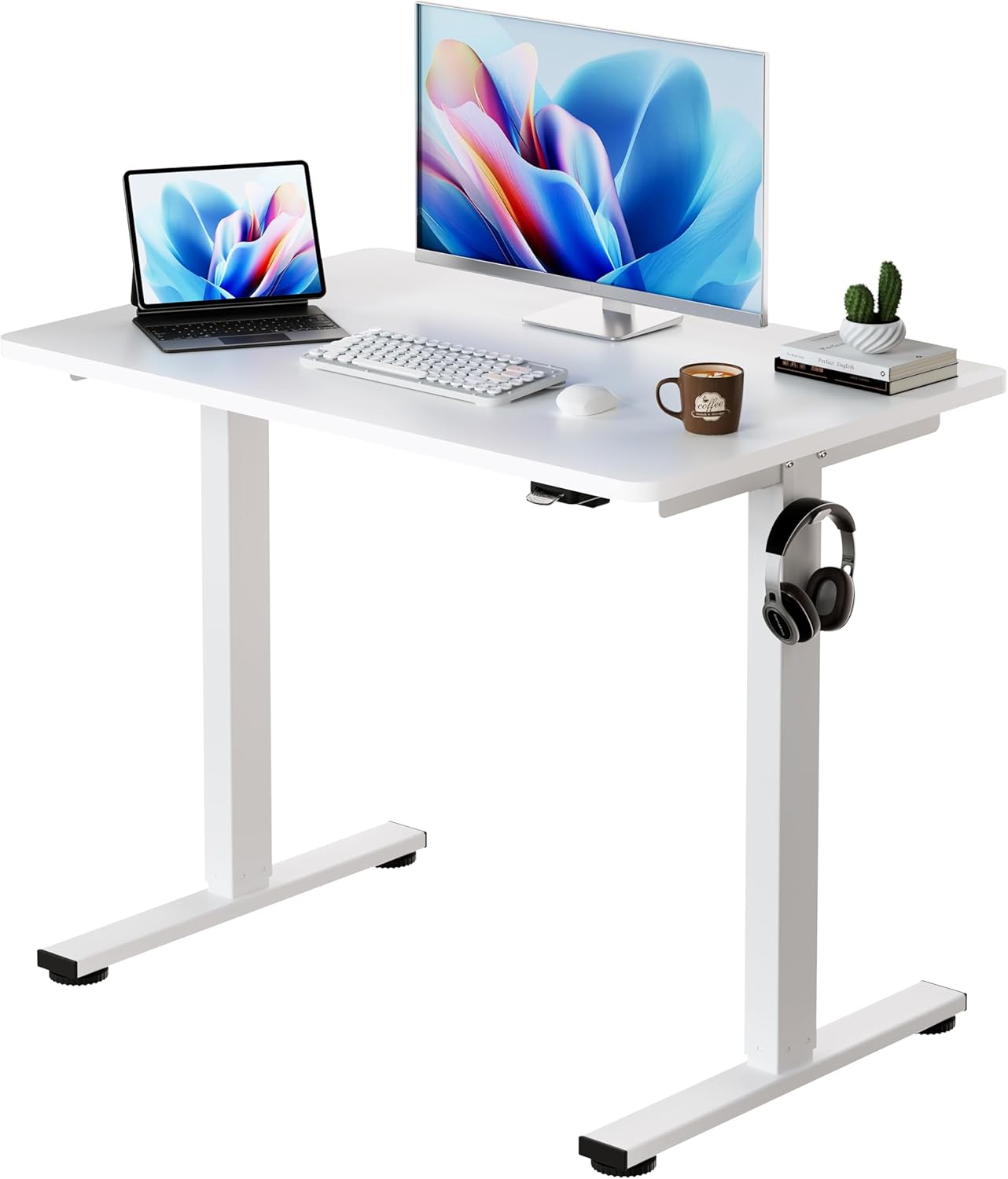 Okin Small Electric Standing Desk, 40" x 24" Whole Piece Height Adjustable White Sit to Stand Desk Computer Workstation for Home Office