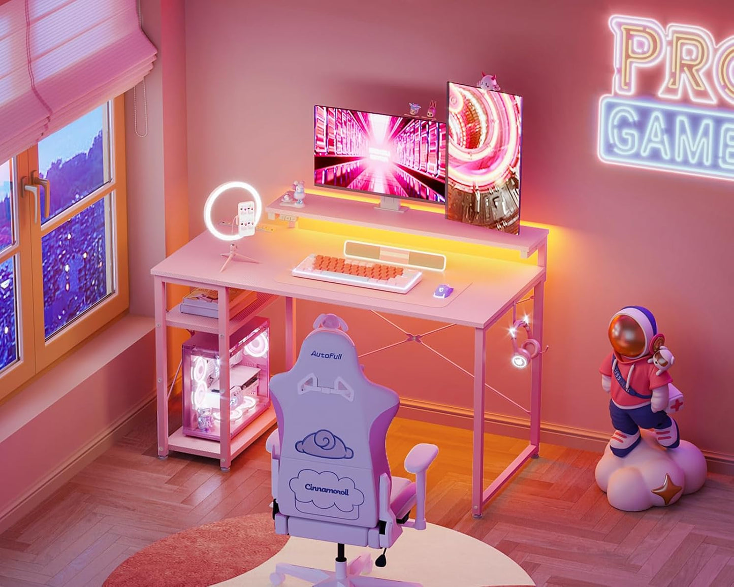MOTPK 40 Inch Small Gaming Desk with Storage & Led Lights, Computer Desk with Power Outlet & Shelf, Reversible Gamer Desk with Adjustable Monitor Stand, Carbon Fiber Texture Pink