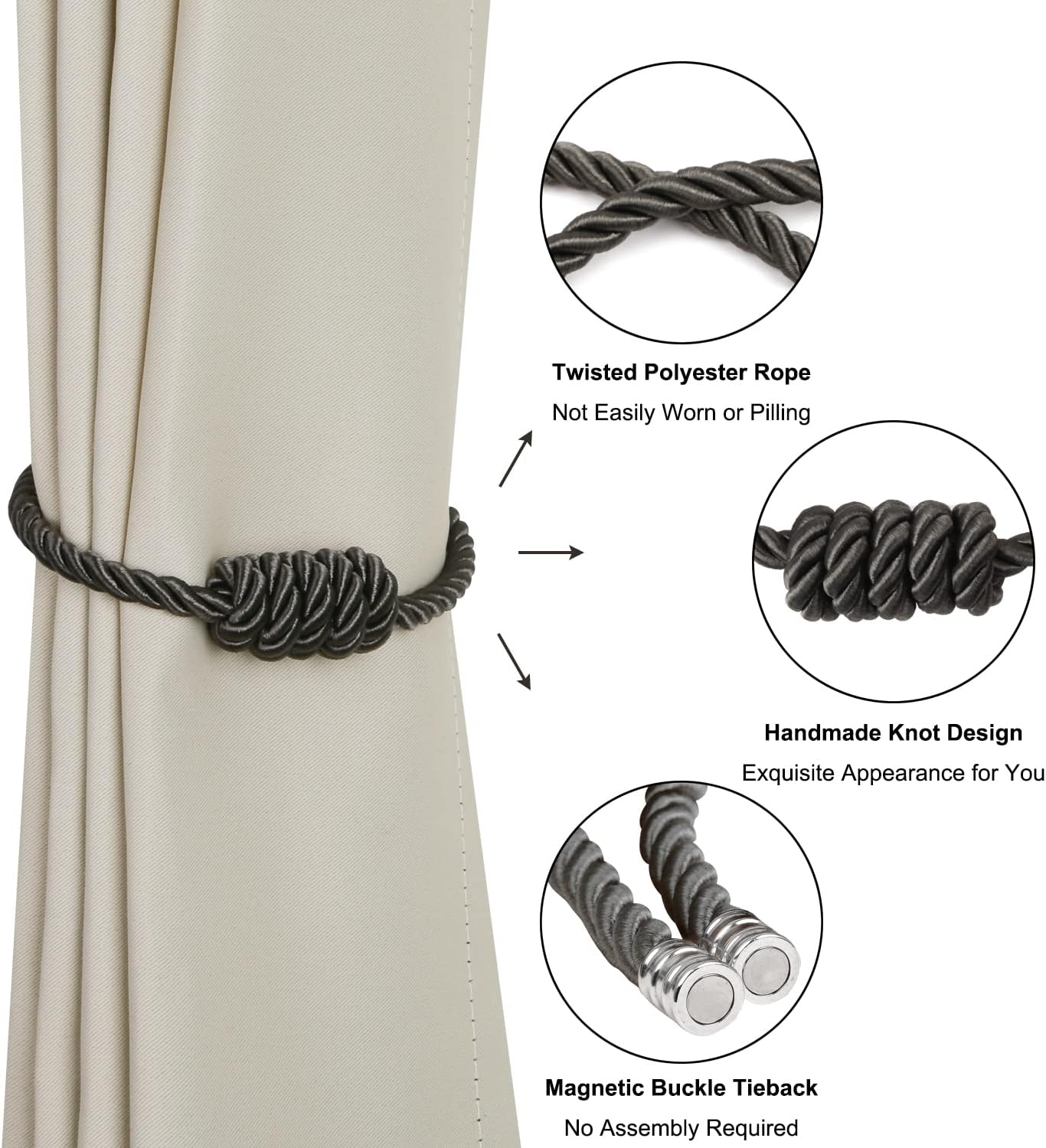 BEL AVENIR Magnetic Curtain Tiebacks, Decorative Drapery Holdbacks Modern Woven Tie-Backs with Exquisite Knot (Charcoal, 4 Pack)