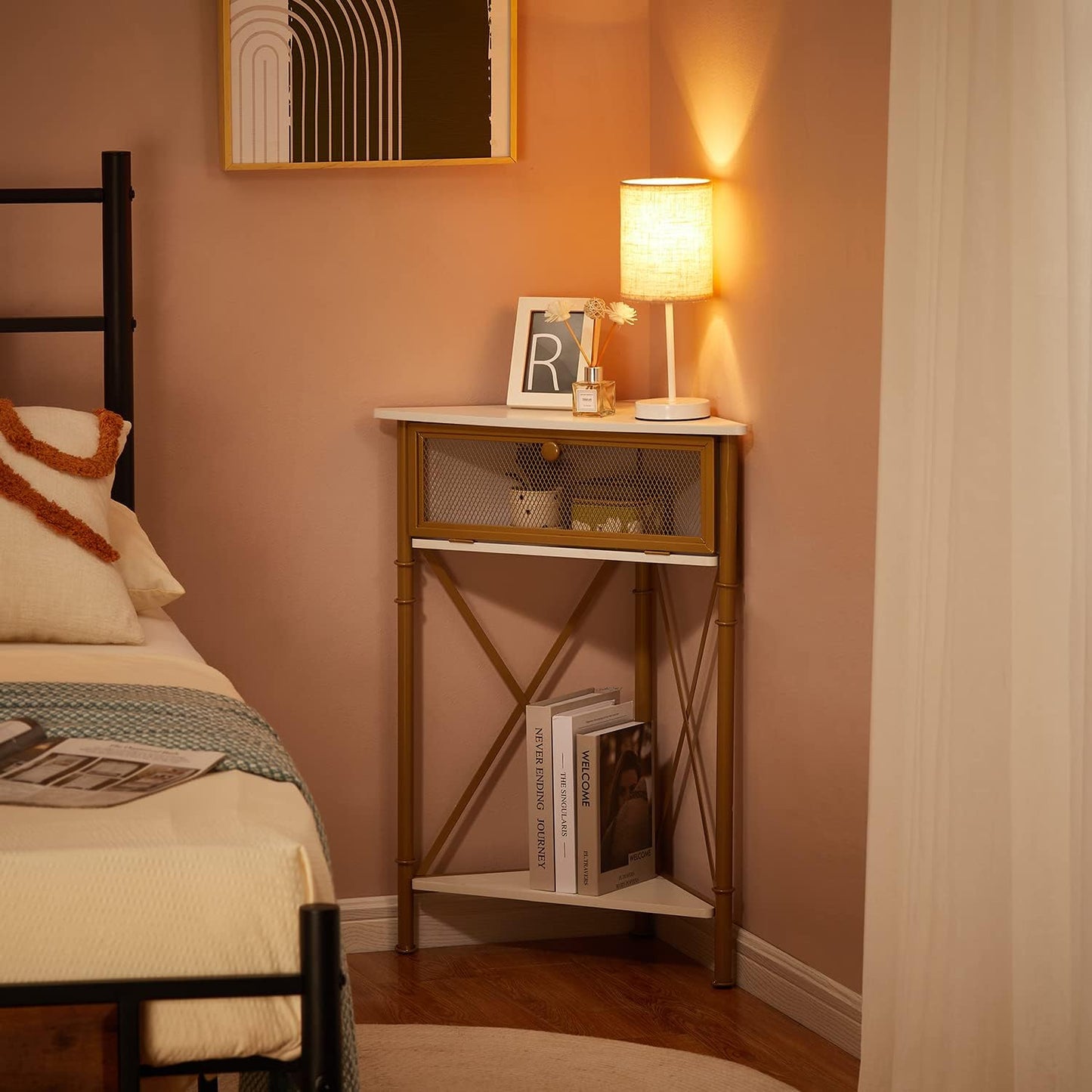 VECELO Cabinet/Table, 3-Tier Display Shelves with Protection Door, Metal Frame Storage Shelf Organizer for Small Space, Living Room, Kitchen, Bathroom, Set of 1, Gold+Black