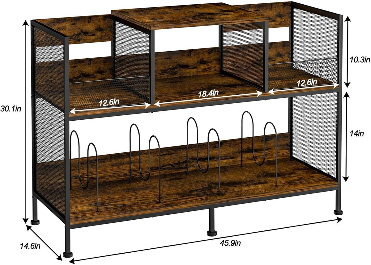 Large Vintage Record Player Table with 4 Adjustable Dividers, Vinyl Record Storage Cabinet for Up to 350 Albums, Medieval Turntable Stand for Living Room, Bedroom (Patent Pending)
