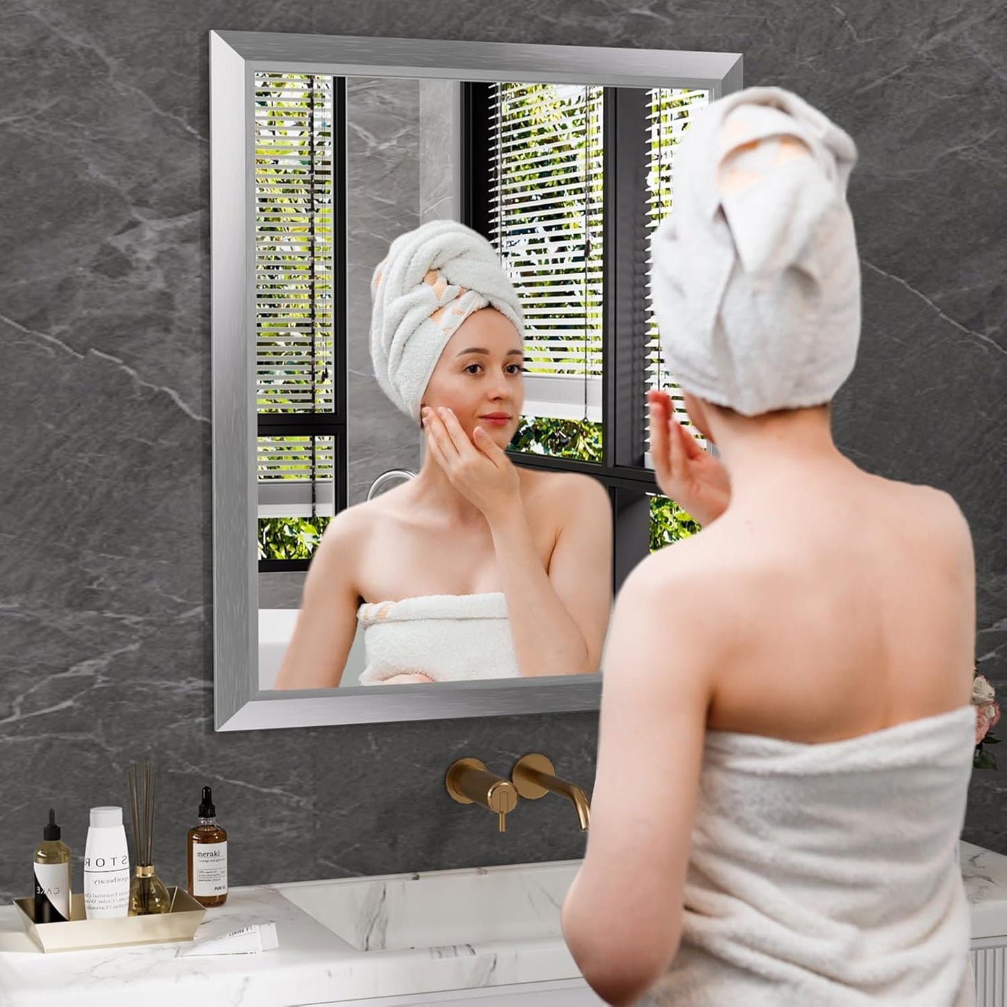 Amorho 30x36 Inch Bathroom Mirror Silver, Thick Metal Framed Wall Mirrors for Over Sink, Brushed Nickel Mirror Perfect for Bedroom, Living Room, Entryway, Rectangle (Horizontal/Vertical).