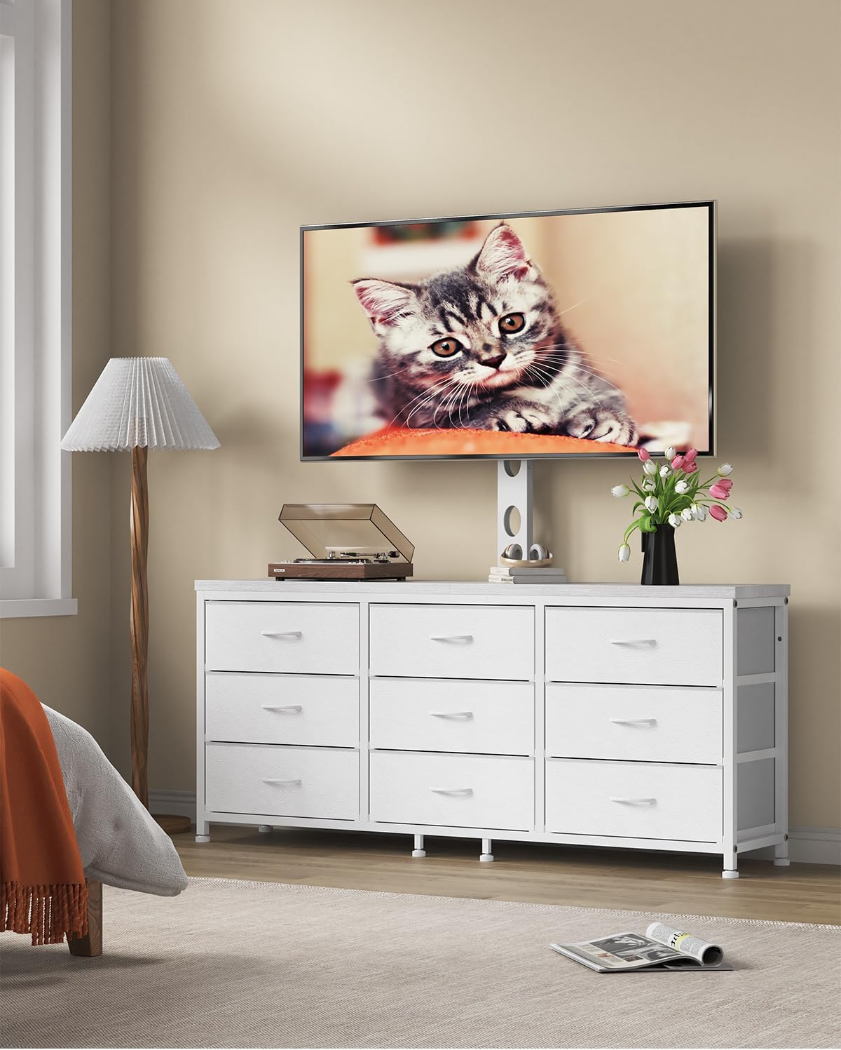 TV Stand with Mount for 32/55/65/75/85 inch TVs, Entertainment Center with 9 Fabric Drawers Dresser Storage, Height Adjustable Media Console