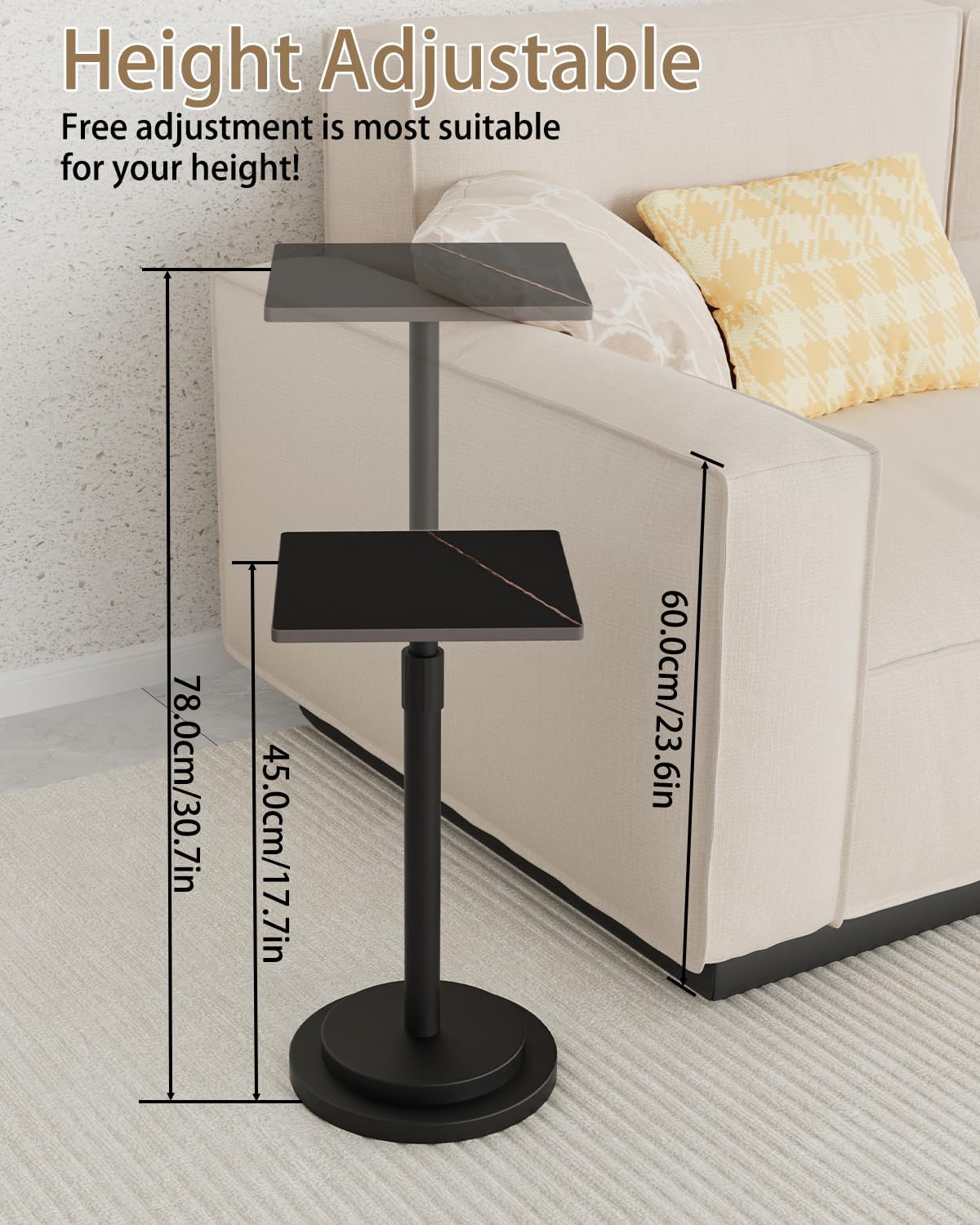 Versatile End Table with Metal Base, Height Adjustable, Vintage Square Indoor Metal Plant Stand, for Sofa, Bedside Small Couch, Living Room and Bedroom, 1 Pack, Black, GBZ001SB-1