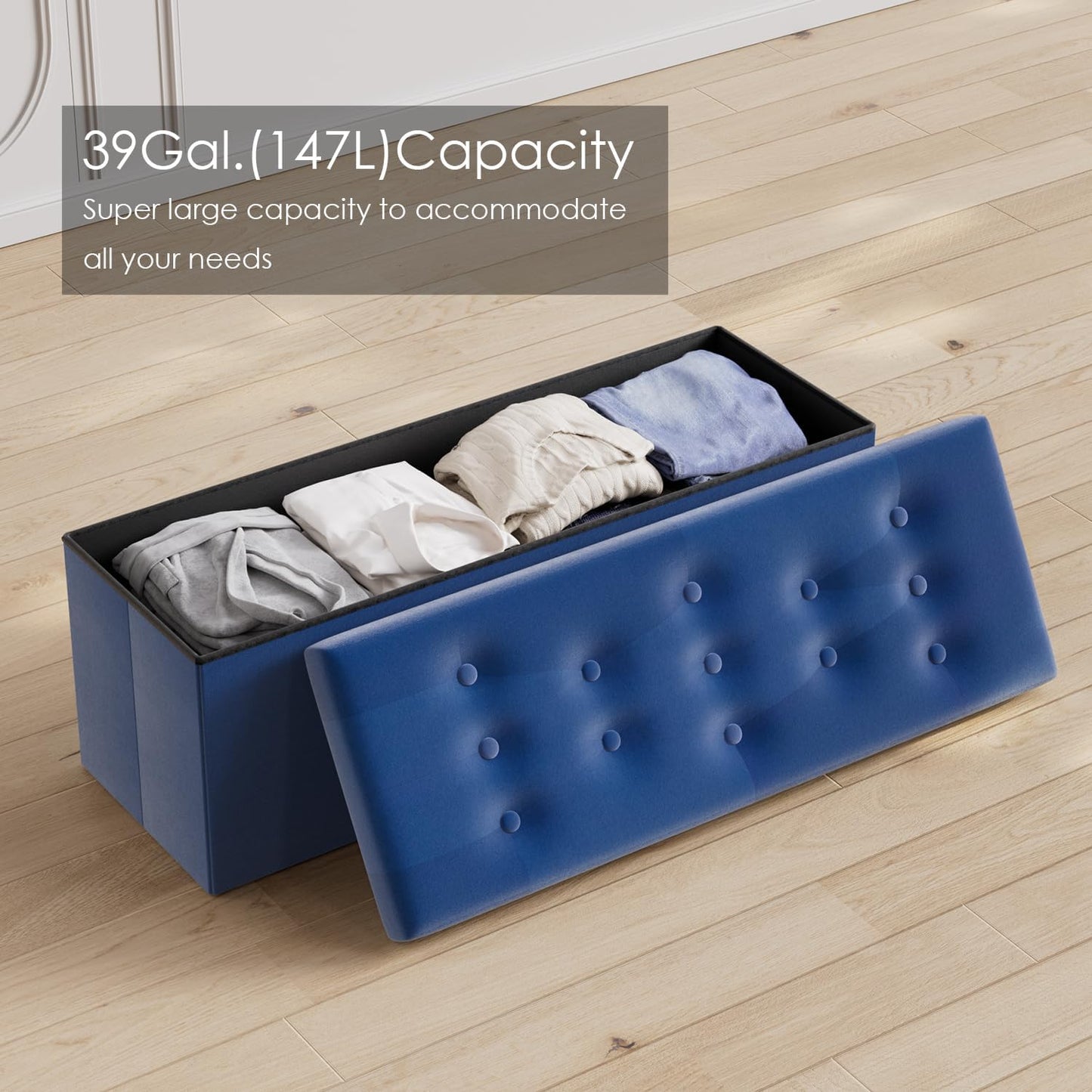 PRANDOM Jumbo Ottoman with Storage [1-Pack] Velvet Folding Small Square Foot Stool with Lid for Living Room Bedroom Coffee Table Dorm Royal Blue 43x15x15 inches