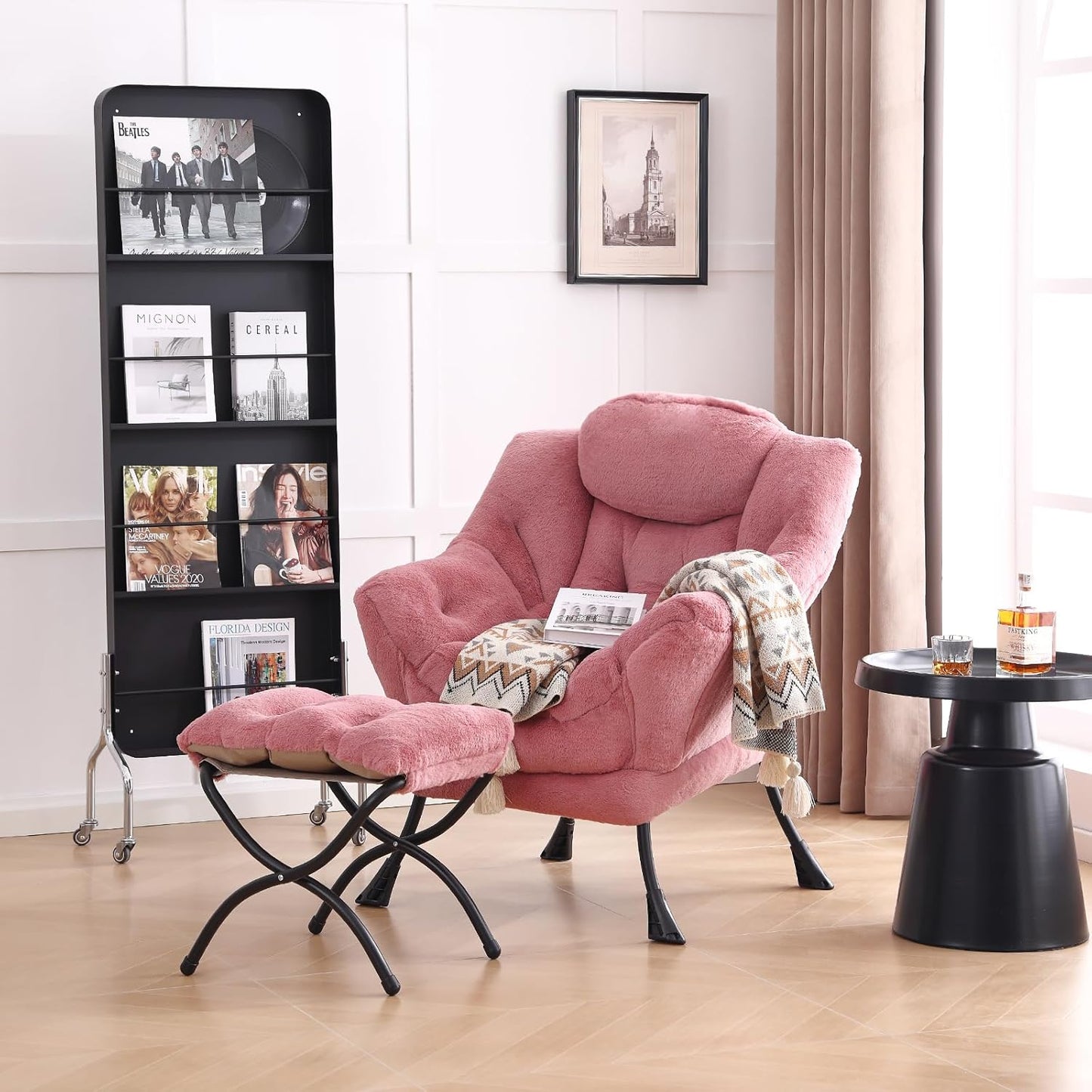 LITA Lazy Chair with Ottoman, Modern Accent Leisure Upholstered Sofa Chair, Lounge Reading Chair with Armrests and a Side Pocket for Living Room, Bedroom & Small Space, Plush Dark Pink