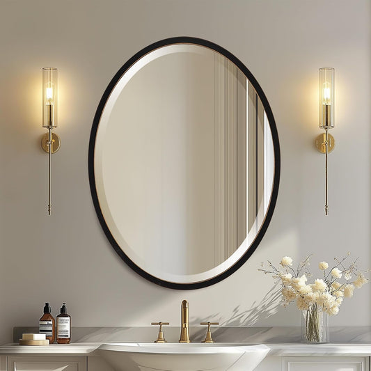 OVALCREST - Oval Wooden Beveled Wall Mirror for Home Decor, Bathroom, Vanity, Bedroom, Living Room, Hallway - London Style (Rubbed Black) 17.1 x 21.1