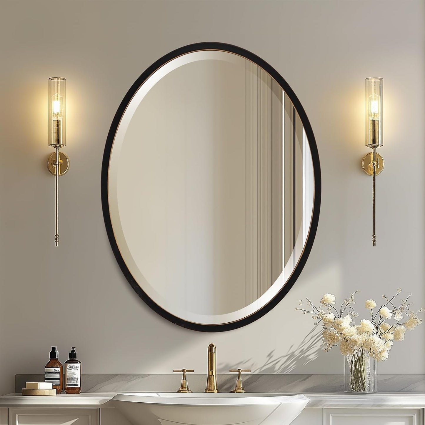 OVALCREST - Oval Wooden Beveled Wall Mirror for Home Decor, Bathroom, Vanity, Bedroom, Living Room, Hallway - London Style (Rubbed Black) 31.1 x 41.1