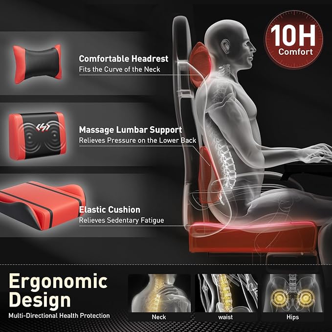 HLDIRECT Gaming Chair, Ergonomic Video Game Seat with 360° Swivel & Lumbar Massage, Computer Chair PU Leather Cushion for Adults Home/Office Use (Black & Red)