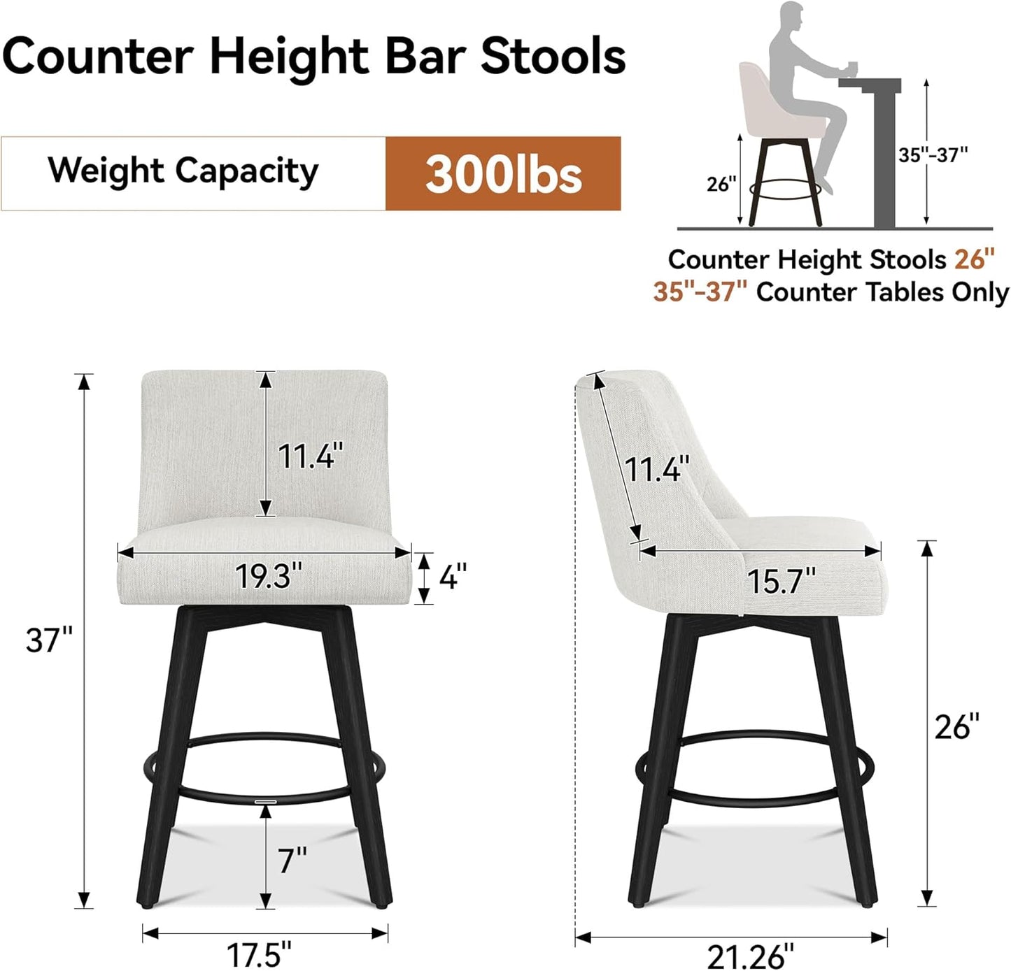 Counter Height Bar Stools Set of 6, Modern Swivel Barstools with Back and Wood Legs, Linen Fabric Upholstered Bar Chairs, 26" H Kitchen Counter Stools, Kitchen Island Home Bar, Ivory
