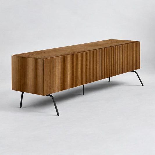 NTC Veil TV Stand with 4 Doors for TVs up to 75’’, Media Console with Vertical Groove Design and Metal Legs, Modern Entertainment Center for Living Room and Bedroom, Effortless Assembly, Rustic Oak