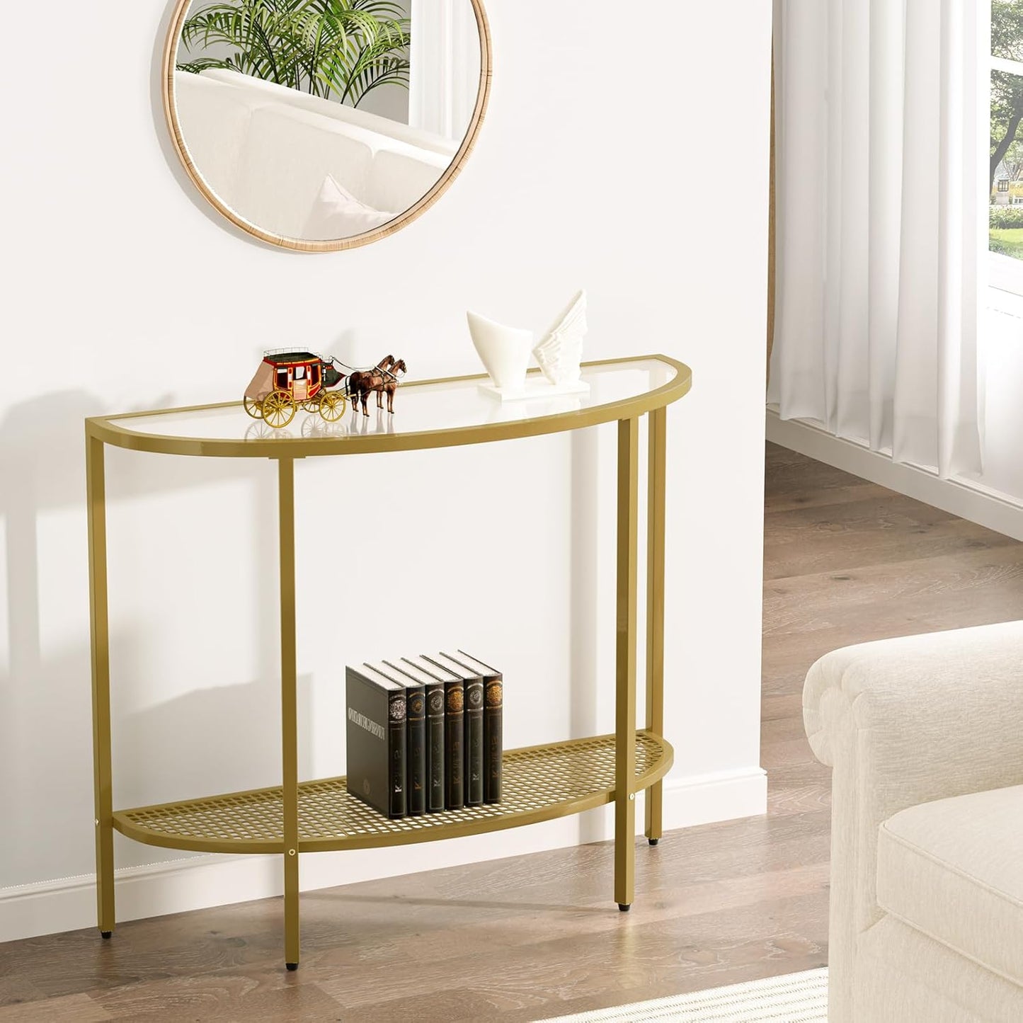 SAYGOER Glass Half Moon Console Table 2 Tier Narrow Entryway Table with Gold Metal Frames, Modern Couch Table Small Entry Way Tables, Easy Assembly, Clear Glass Gold Frames