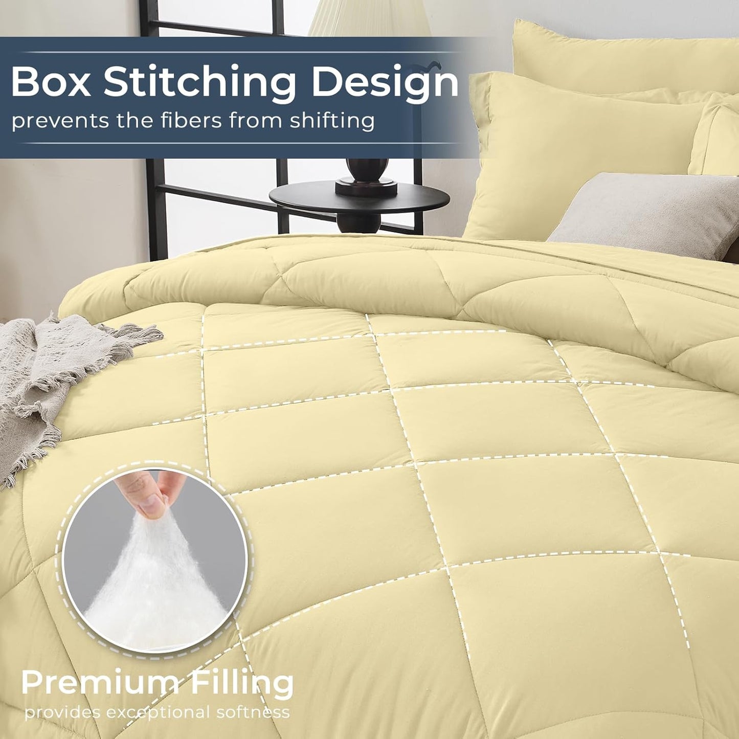 HEVUMYI Cream Yellow King Comforter Set - 7-Piece All Season Bed in a Bag King, Ultra Soft Bedding Set with Comforter, Flat Sheet, Fitted Sheet, Pillowcases, Pillow Shams