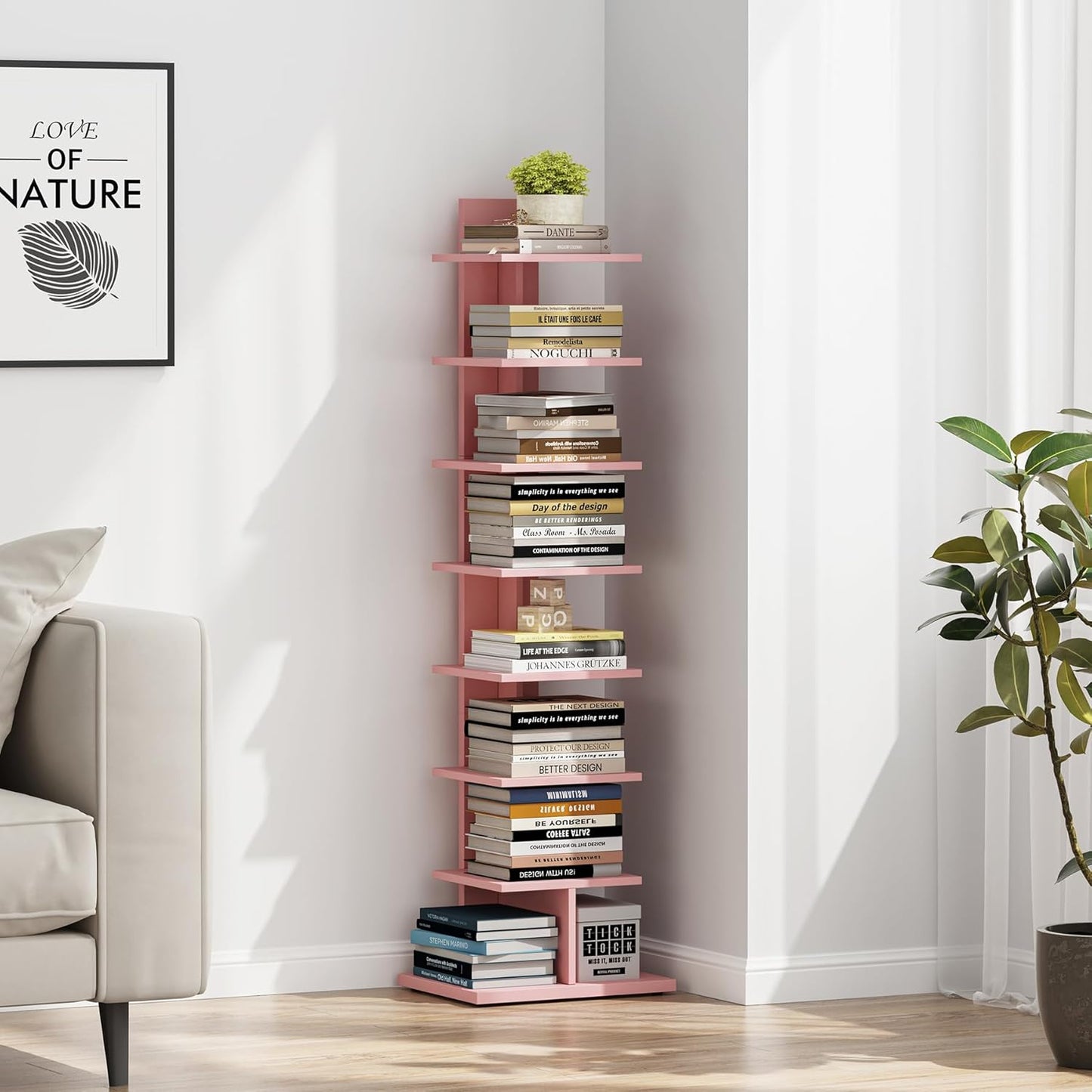 TUTOTAK Bookshelf, 8-Tier Bookcase, Narrow Spine Book Shelf for Small Space, Corner Standing Shelf for Living Room, Office, Study, Entryway, Pink BS06BP008