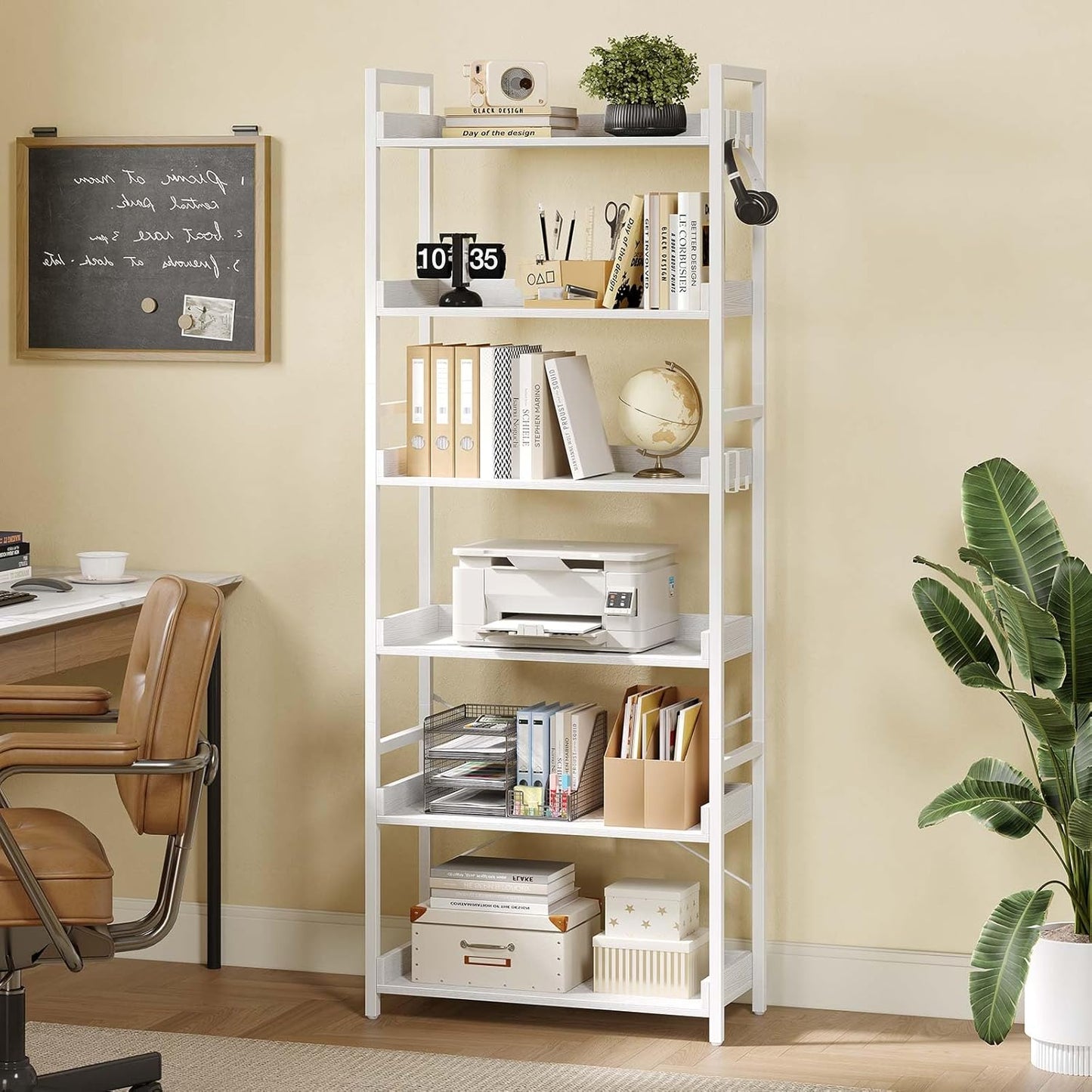 Rolanstar Bookshelf 6 Tier with 4 Hooks, Industrial Bookcase, Vintage Storage Rack with Open Shelves, Rustic Standing Bookshelves Metal Frame Display Rack for Living Room, Bedroom, White