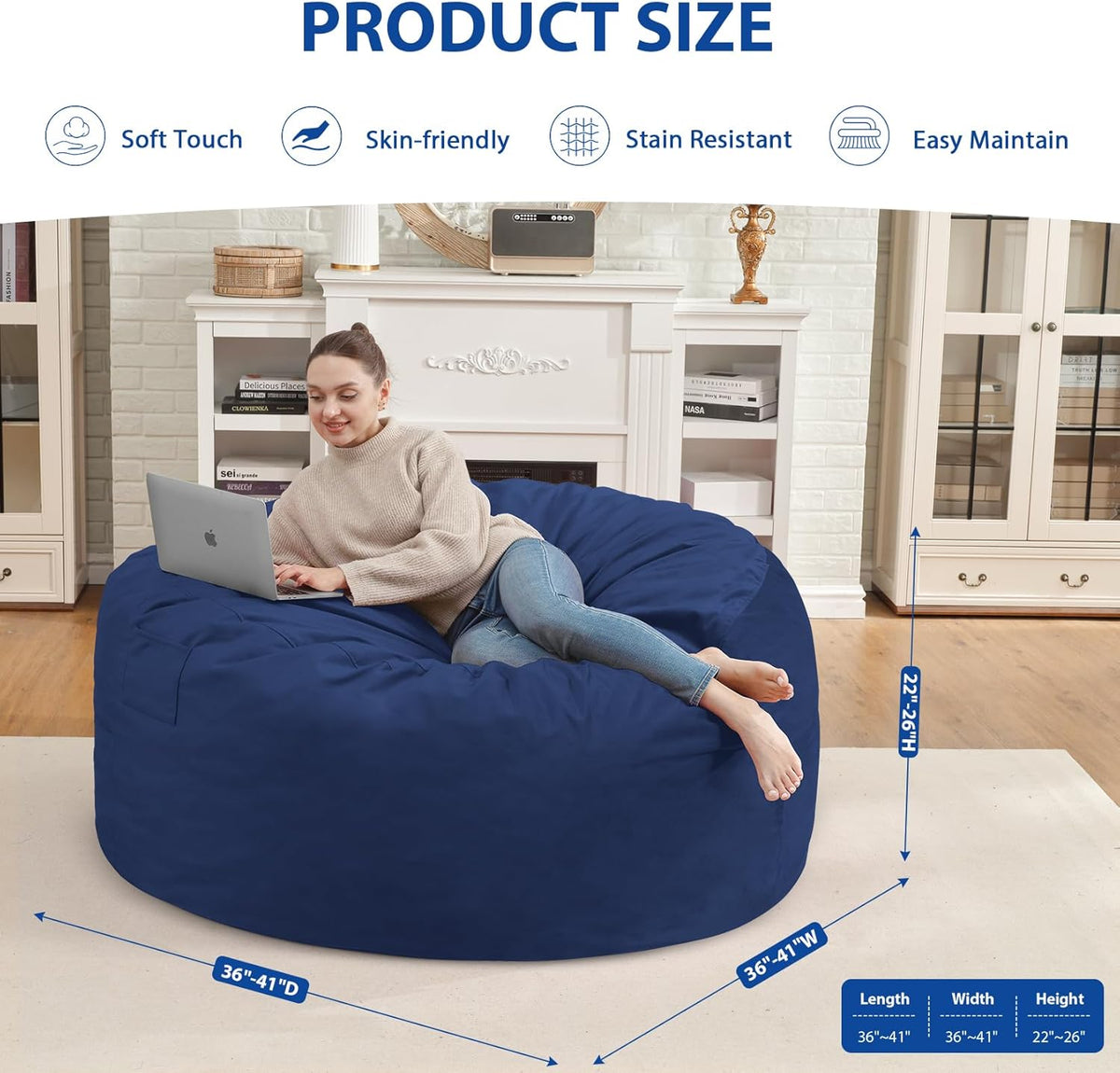 3FT Bean Bag Chair, Comfy Bean Bag Chairs with Memory Foam Filled, Fluffy Beanbag Sofa with Dutch Velvet Cover, Round BeanBag Chairs for Living Room, Playroom - Blue