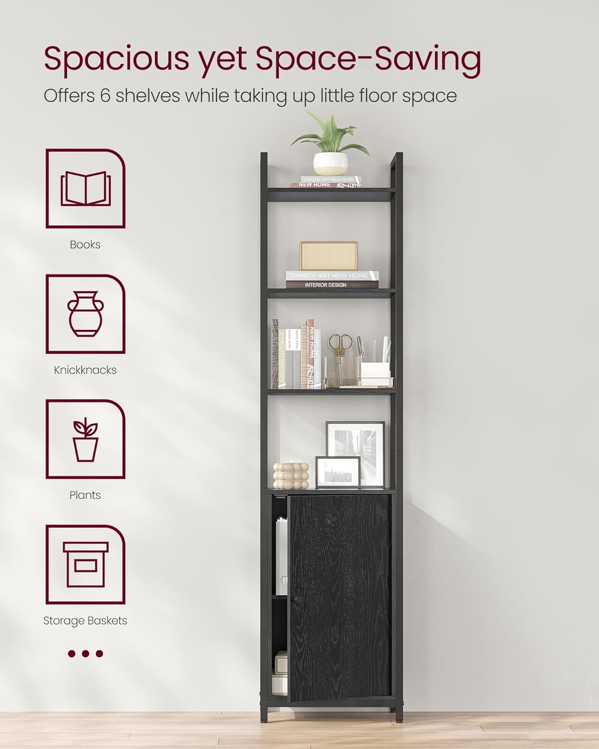 VASAGLE 6-Tier Bookshelf, Tall Bookcase with Cabinet, Steel Frame, Adjustable Shelves, 9.4 x 15.7 x 62.8 Inches, Living Room Bedroom, Ebony Black and Ink Black ULLS132B01