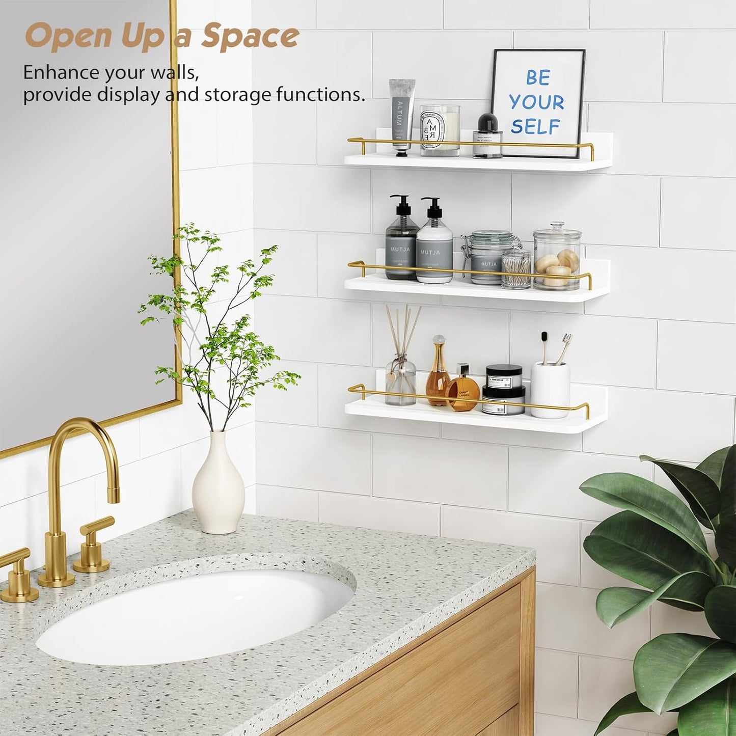 Forbena Gold Floating Shelves for Wall Decor Set of 3, Bathroom Shelves Over Toilet, Modern Display Wall Shelf with Guard Rail for Living Room Bedroom Organizers and Storage - White and Gold