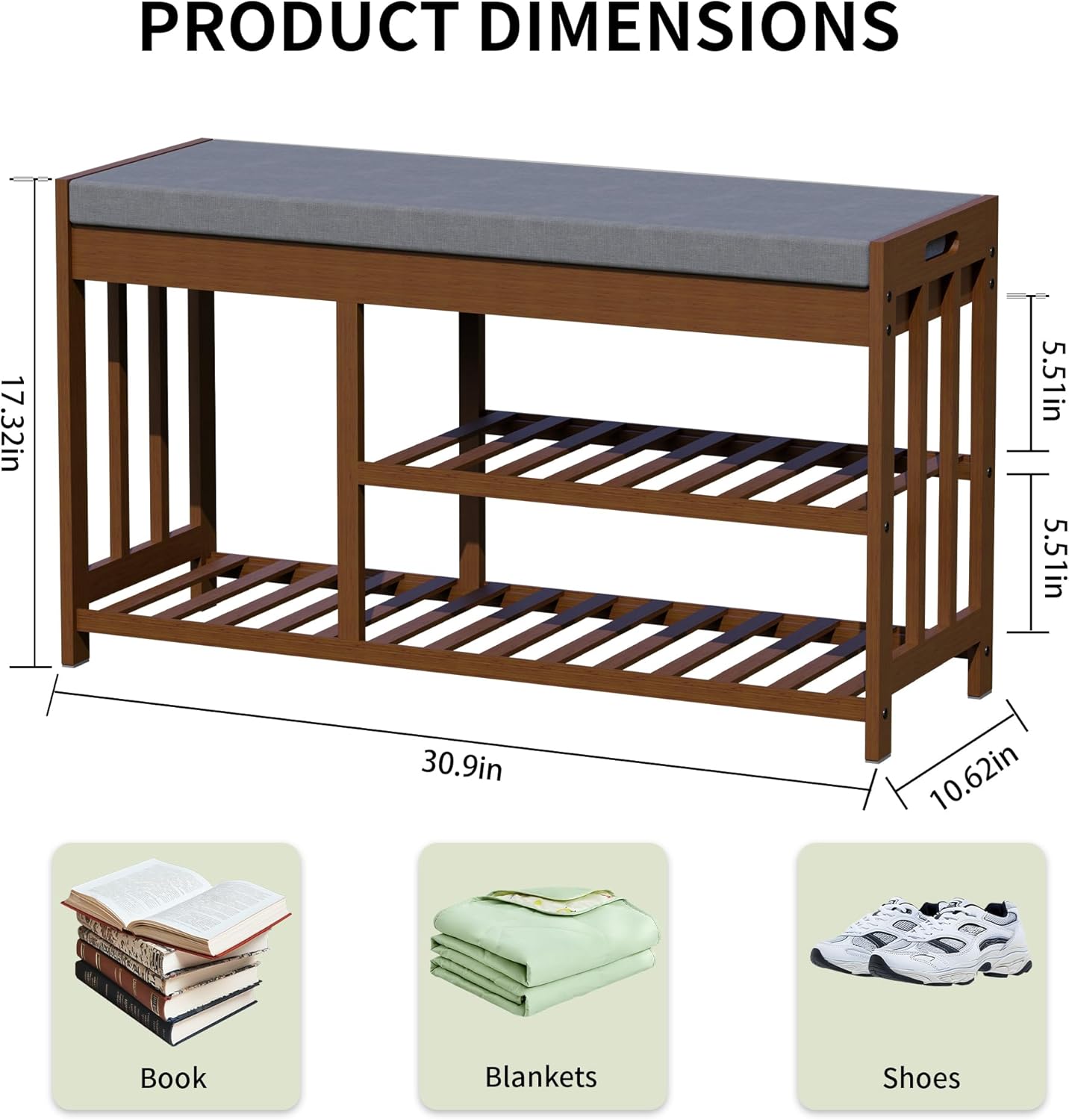 Shoe Rack Bench with Cushion,2 Tiers Shoe Bench with Flip-Top Storage,Wood Shoe Rack for Entryway, Hallway, Bedroom, Front Door Entrance (Brown)
