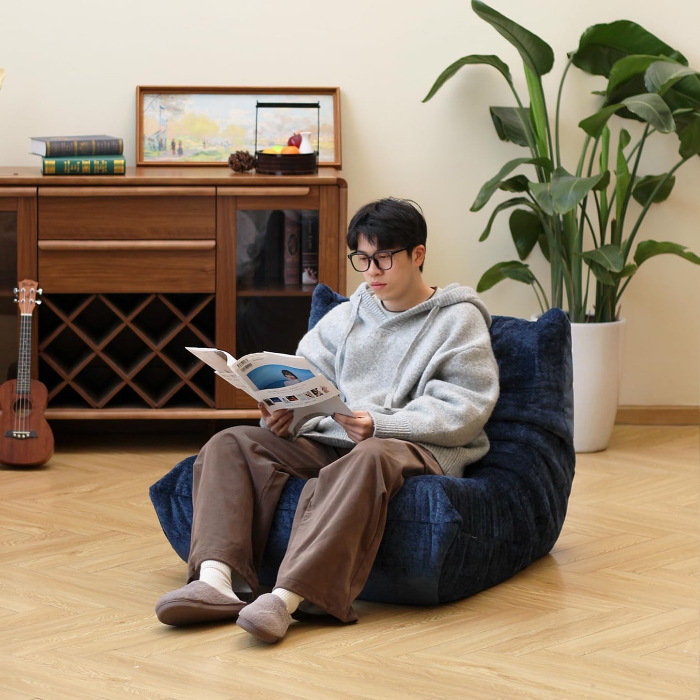 N&V Fireside Chair, Mid Century Armless Floor Sofa, Soft Premium Chenille Floor Lounge Chair, Foam Sofa Accent Chair for Living Room Bedroom and Office (Blue, Single)