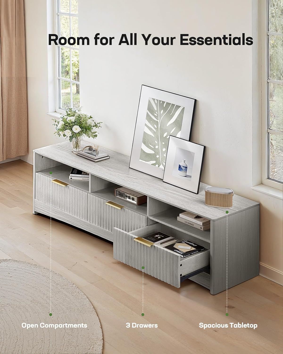 Marsail 59″ Wide TV Stand for TVs Up to 65″, Modern Entertainment Center with Fluted Panels, 3 Easy-Sliding Drawers, Open Shelves & Cable Hole, 3-Tier TV Stands for Living Room & Bedroom, Light Grey