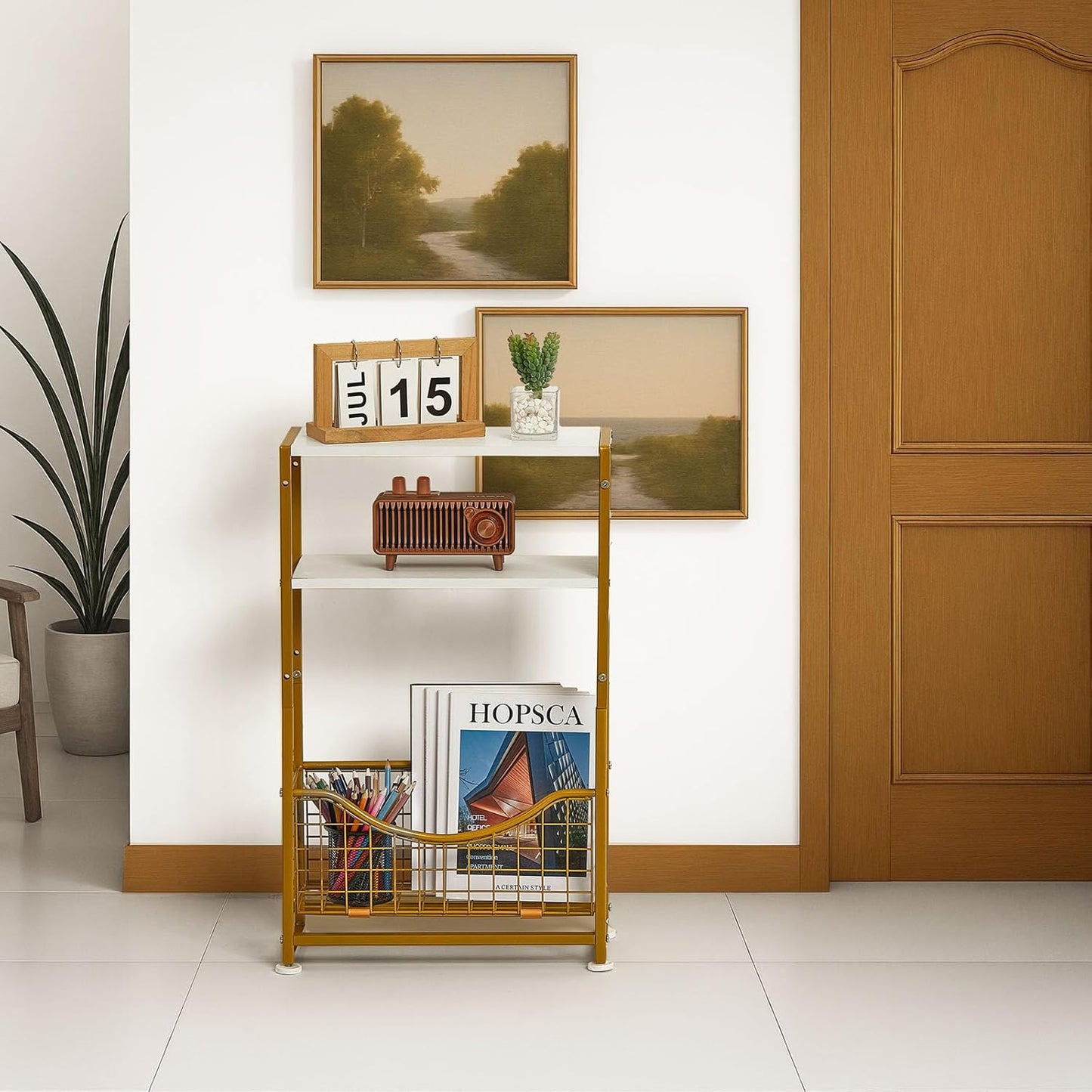 Narrow Side Table, Skinny Small End Tables with Magazine Holder, 3 Tier Small Sofa Side Table for Smalls Spaces, Sofa Couch Tables Bedside Table for Living Room Bedroom Office