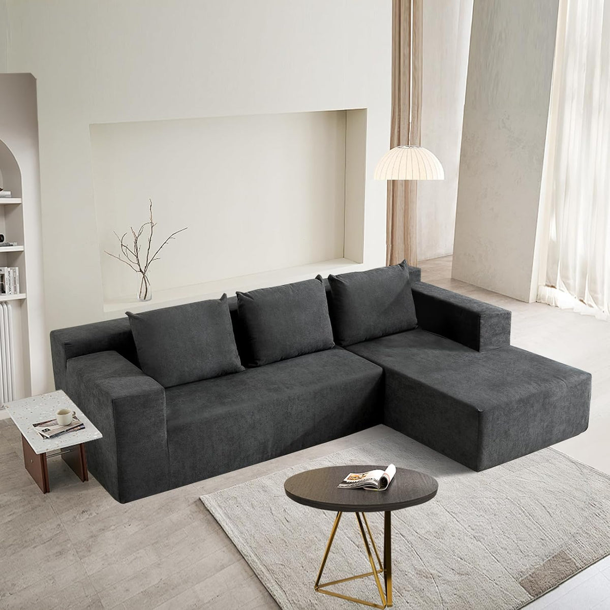 ANONER 103” Cloud Sectional Sofa L-Shaped Boneless Couch, Modern Minimalist Modular Free Combination Foam Sofa with Deep Seat for Living Room, No Assembly Required, Dark Grey