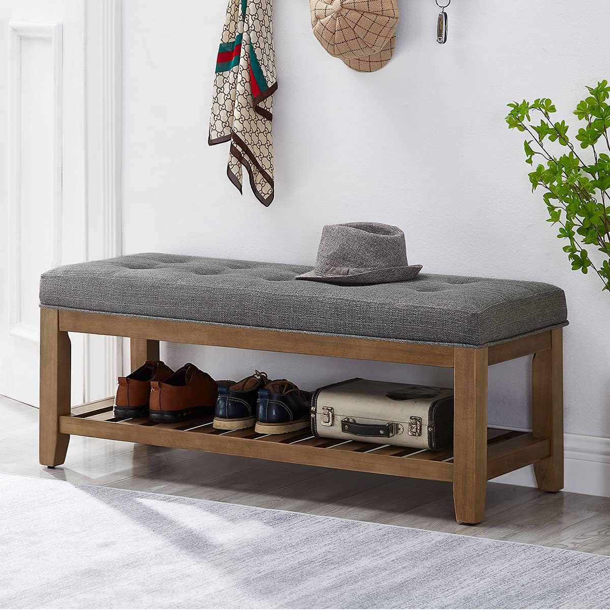 24KF Large Rectangular Upholstered Tufted Linen Fabric Ottoman Bench, Padded Bench with Solid Wood Shelf-Granite