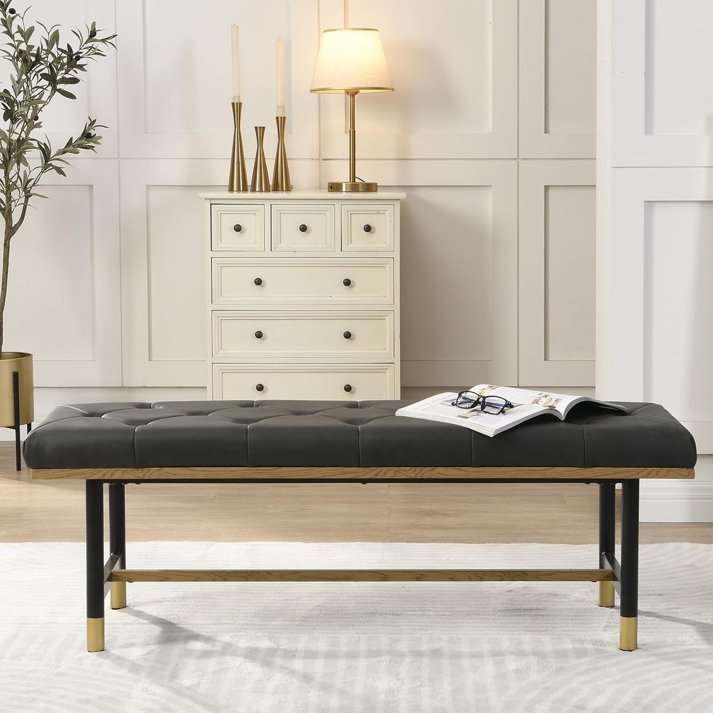 Shoe Bench Entryway, End of Bed Bench, Bench for Bedroom End of Bed, Modern Faux Leather Bench for Living Room, Entryway Bench Seat, Padded Bench with Solid Metal Shelf Gold, Grey
