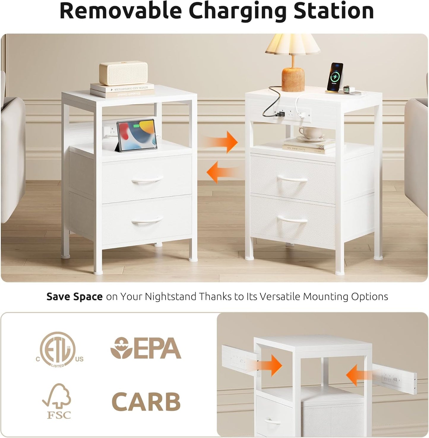 NightStand Bedside Charging Table Bedroom - Night Stand with Charger Station, White Modern Bed Side End Table with Open Shelf & 2 Fabric Drawers, USB-C USB Ports & AC Outlets for Dorm, Living Room