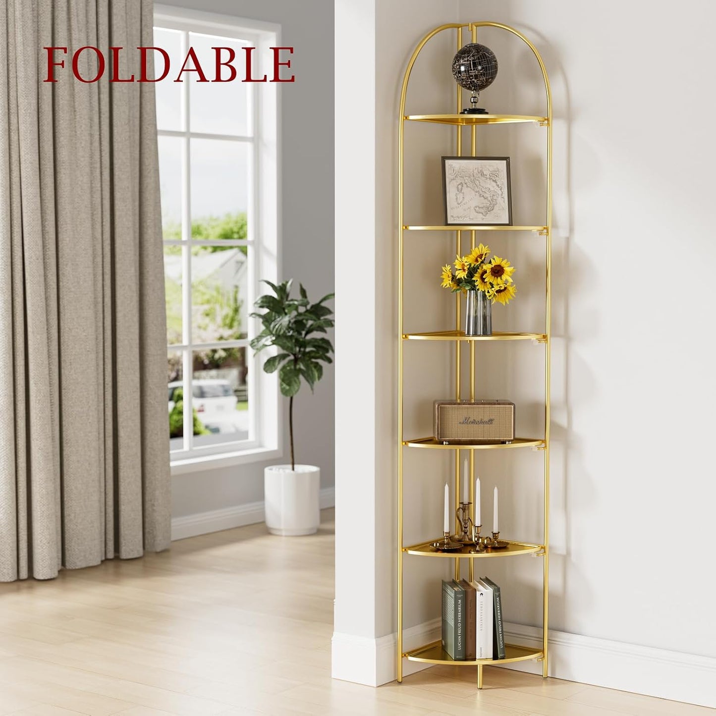 Crofy Foldable 6 Tier Corner Shelf, Metal Corner Plant Stand with Gold Frame and Gold Shelves, Corner Display Rack Multipurpose Shelving Unit for Living Room, Bedroom, Bathroom