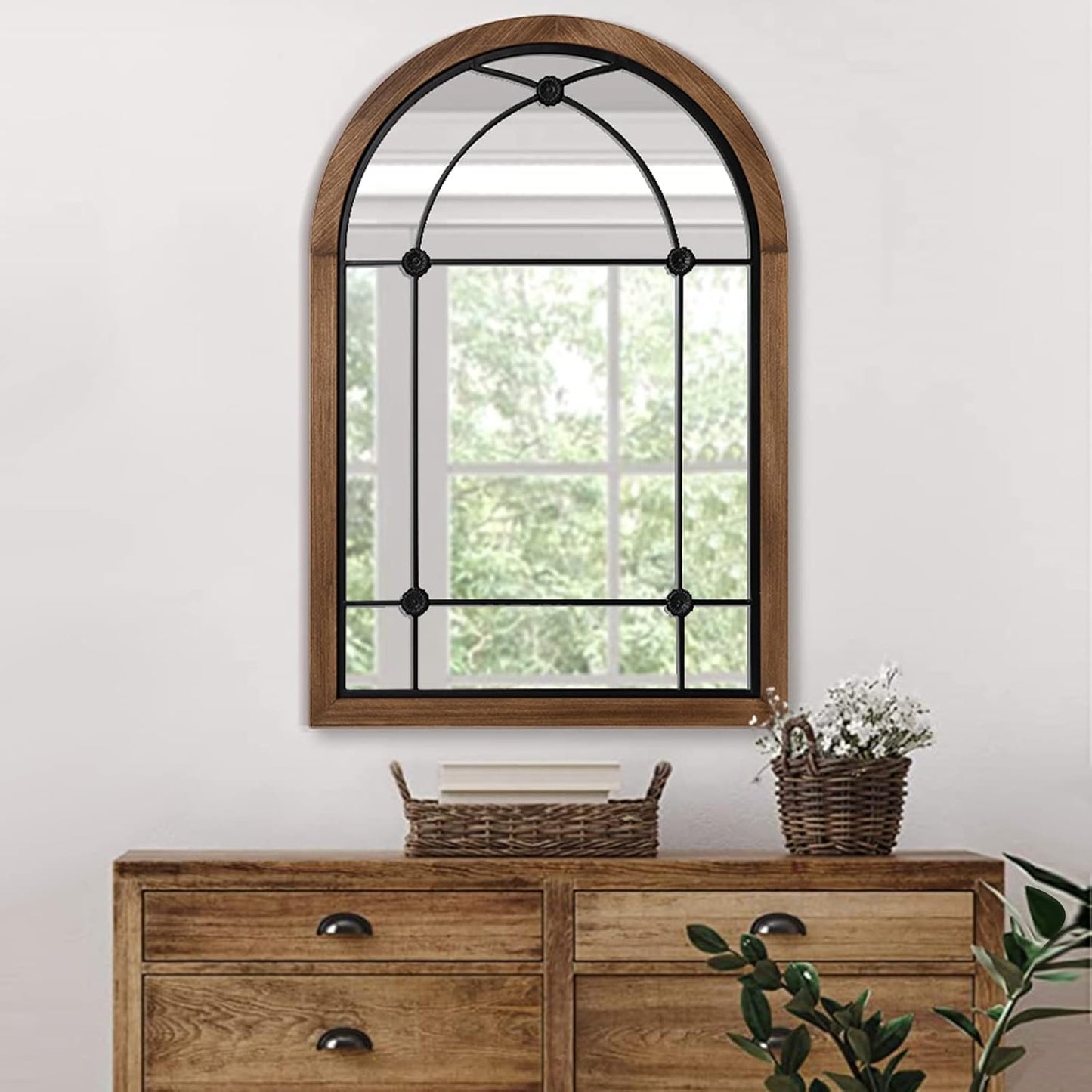 blue page Arched Mirror, Farmhouse Wall Decor Accent, Rustic Wood Framed Mirror Like Window for Bathroom, Bedroom, Entryway, or Living Room