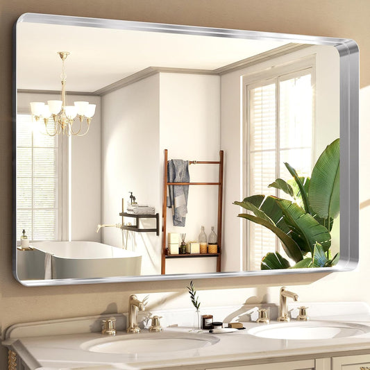 Silver Bathroom Mirror for Wall, 40x30 Inch Rectangular Aluminum Alloy Framed Mirror, Modern Wall Mounted Vanity Mirror for Bathroom, Vertical or Horizontal