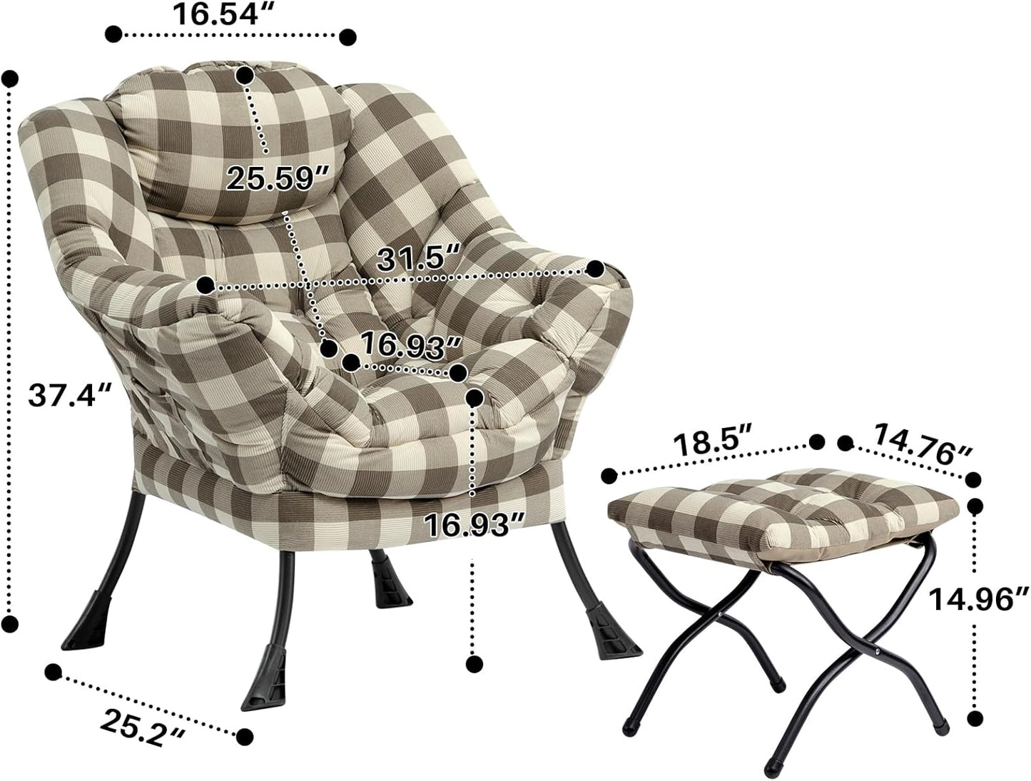 HollyHOME Fabric Lazy Chair with Foldable Ottoman, Accent Lounge Arm Chair and Folding Footrest Stool Set, Leisure Sofa Reading Chair and Footstool for Living Room, Bedroom, Dorm, Beige&Coffee Grid