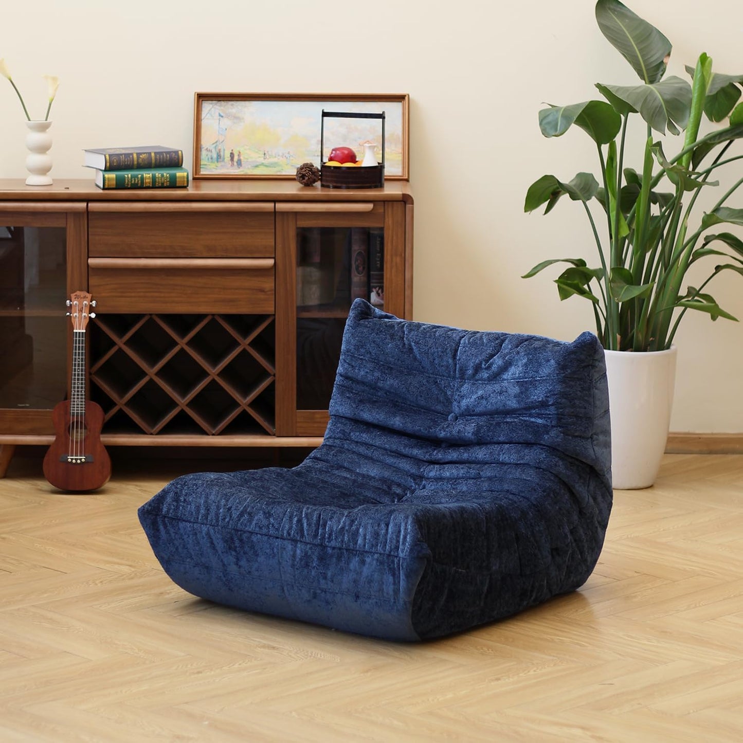 N&V Fireside Chair, Mid Century Armless Floor Sofa, Soft Premium Chenille Floor Lounge Chair, Foam Sofa Accent Chair for Living Room Bedroom and Office (Blue, Single)